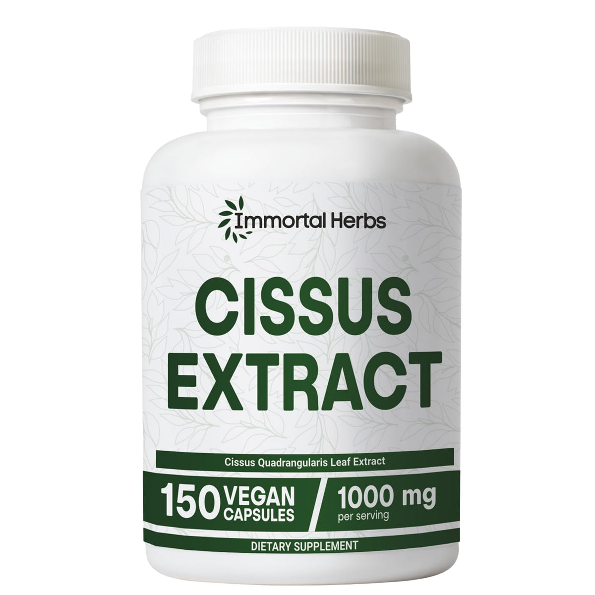 Front view of Immortal Herbs Cissus Quadrangularis 1000mg bottle with 150 capsules