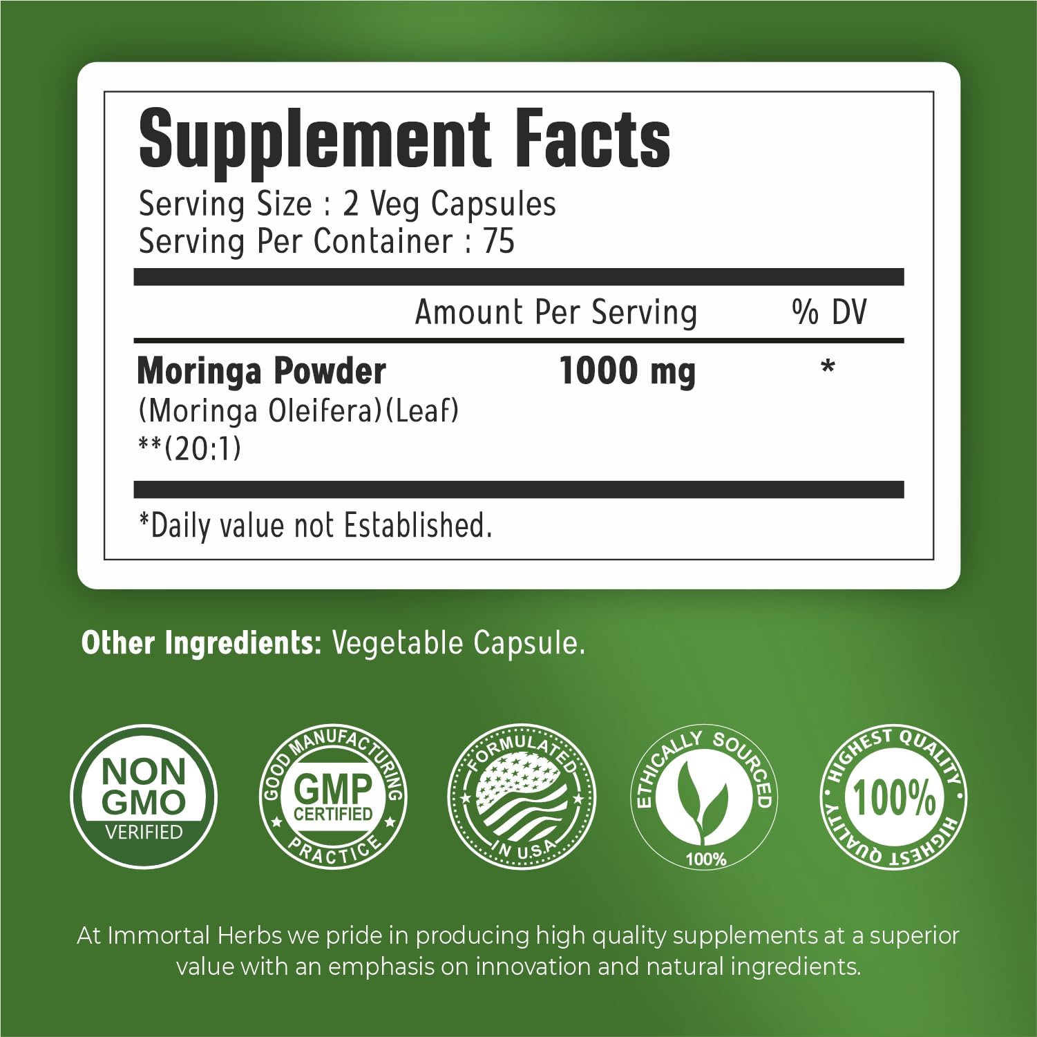 150-count bottle of Immortal Herbs Moringa Capsules