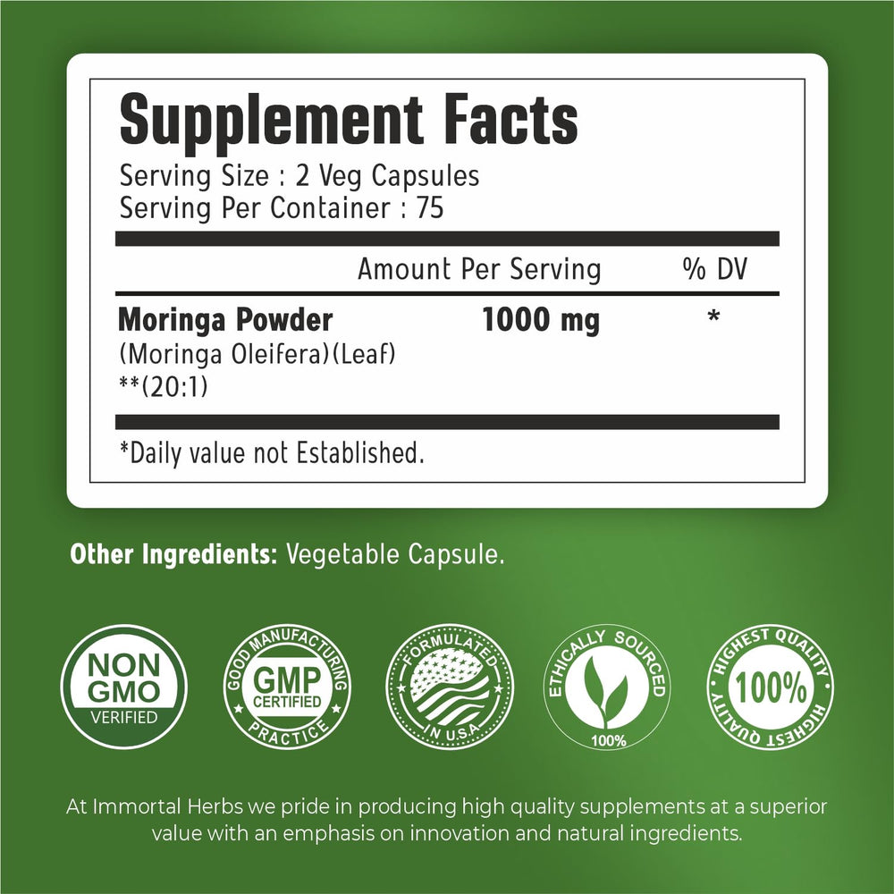150-count bottle of Immortal Herbs Moringa Capsules