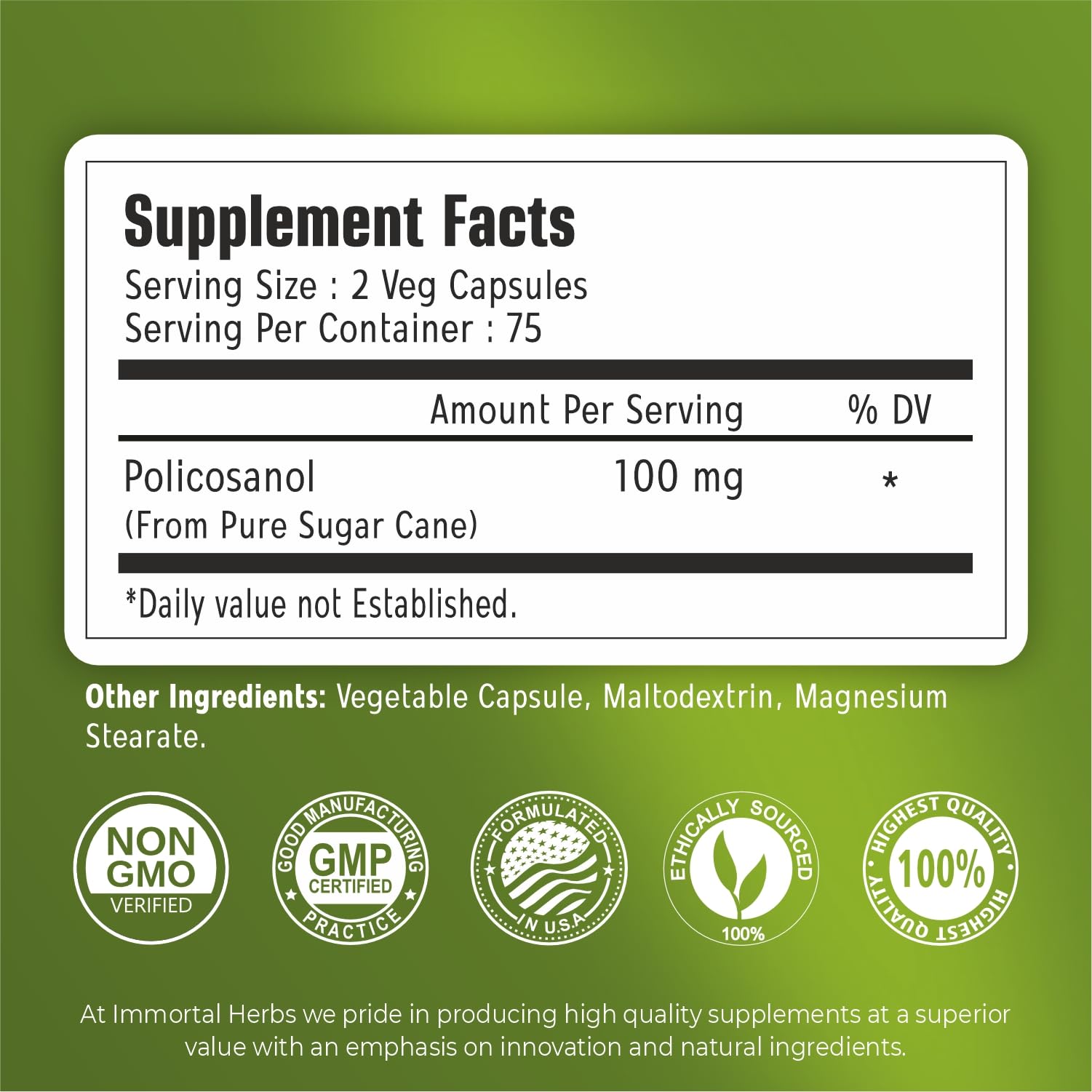Close-up of Immortal Herbs Policosanol 100mg capsules bottle