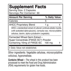 Close-up of AHCC and Fermented Wheat Germ Extract capsules