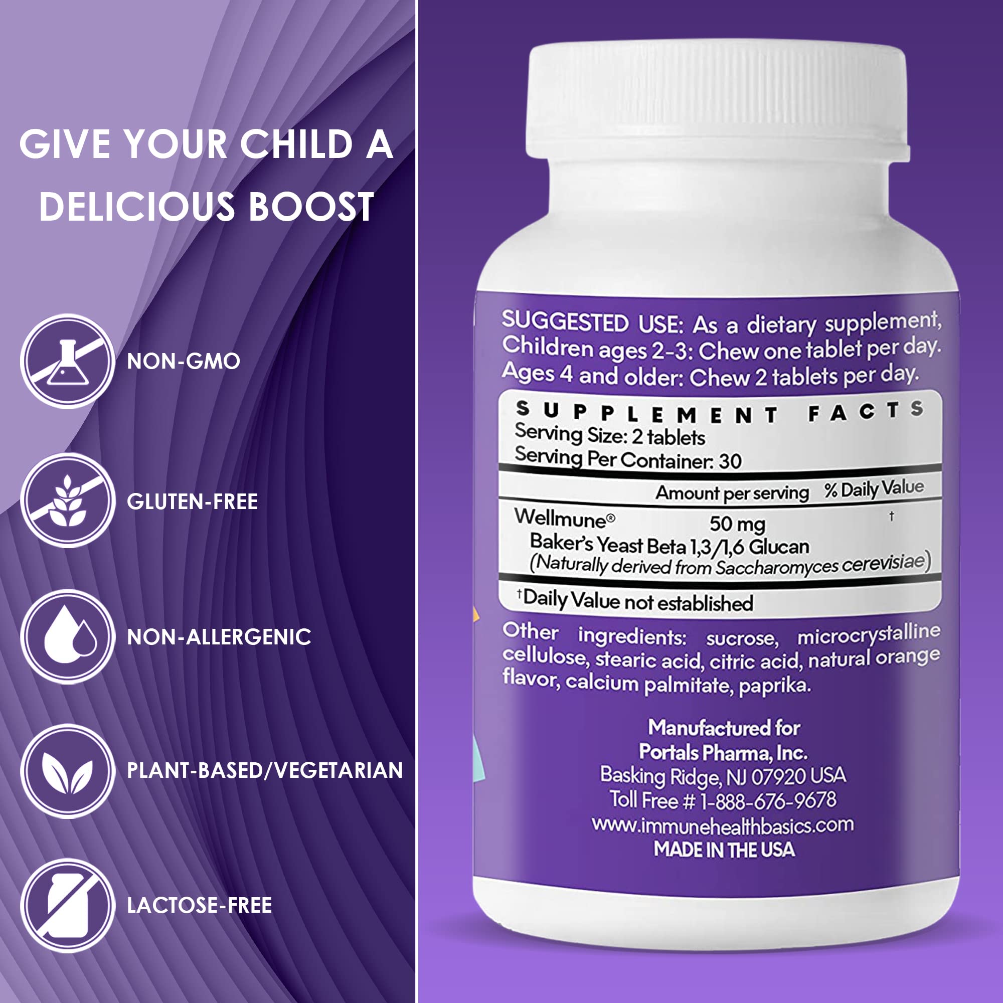 Happy child taking an Immune Health Basics chewable tablet
