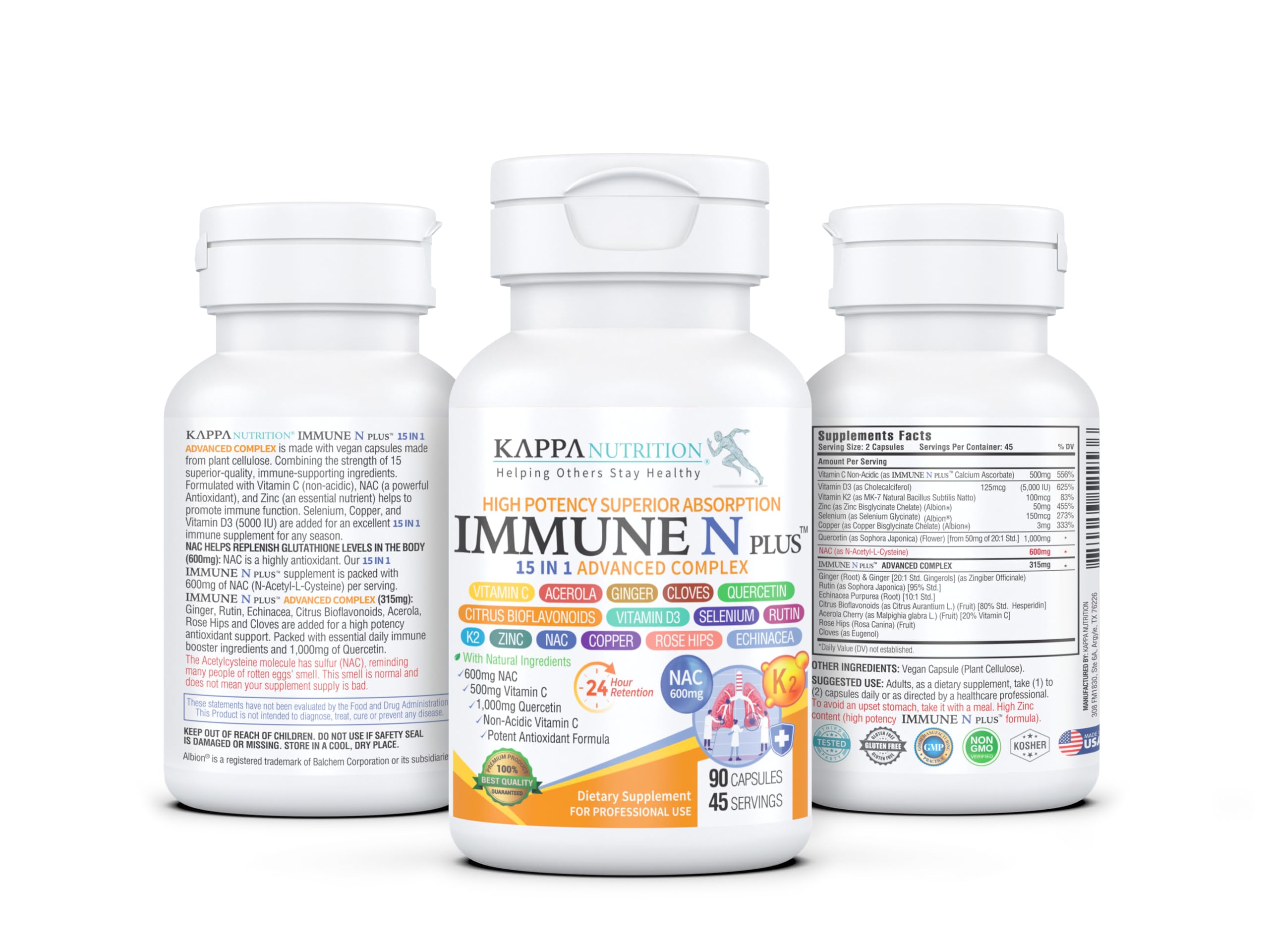 Back label with supplement facts for Immune N Plus 15 in 1