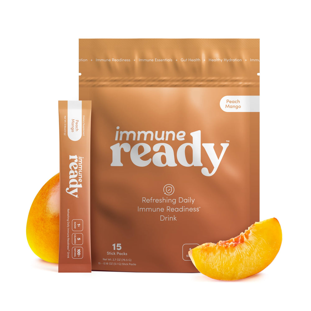 Front view of Immune Ready peach mango electrolyte packets