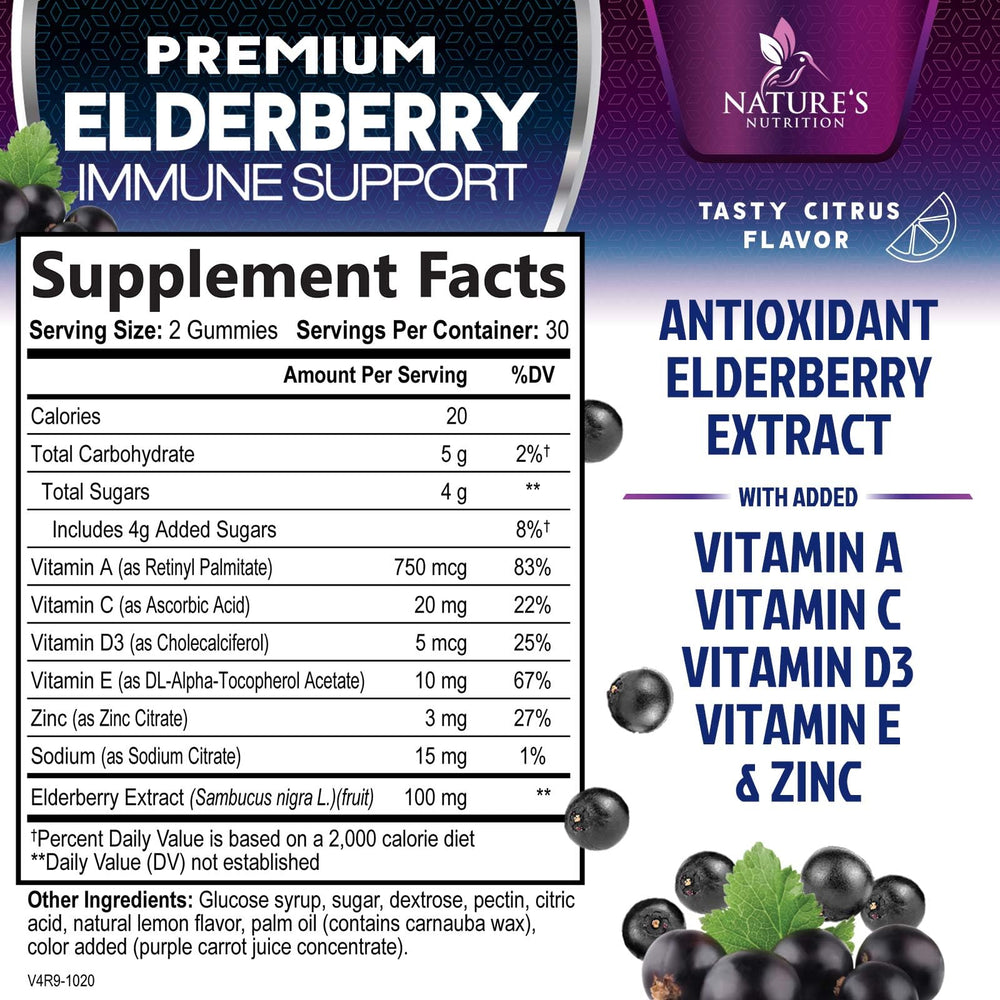 Close-up of elderberry gummies and ingredients