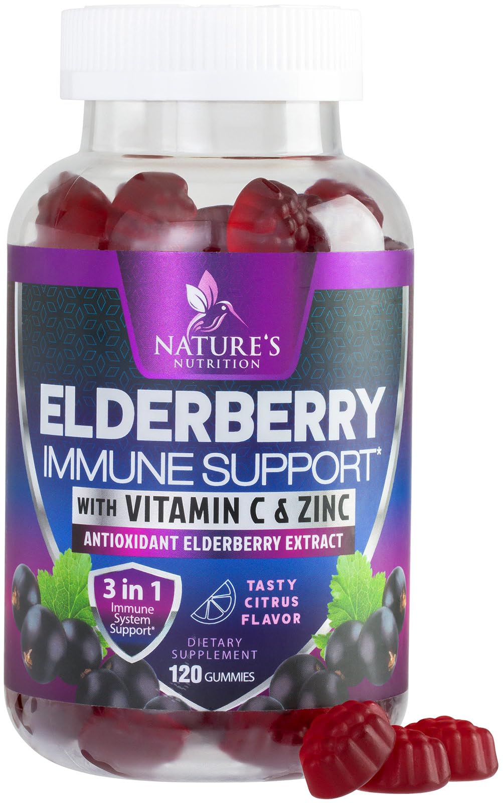 Front hero image of Immune Support Gummies bottle showing elderberry-zinc-vitamin C formula