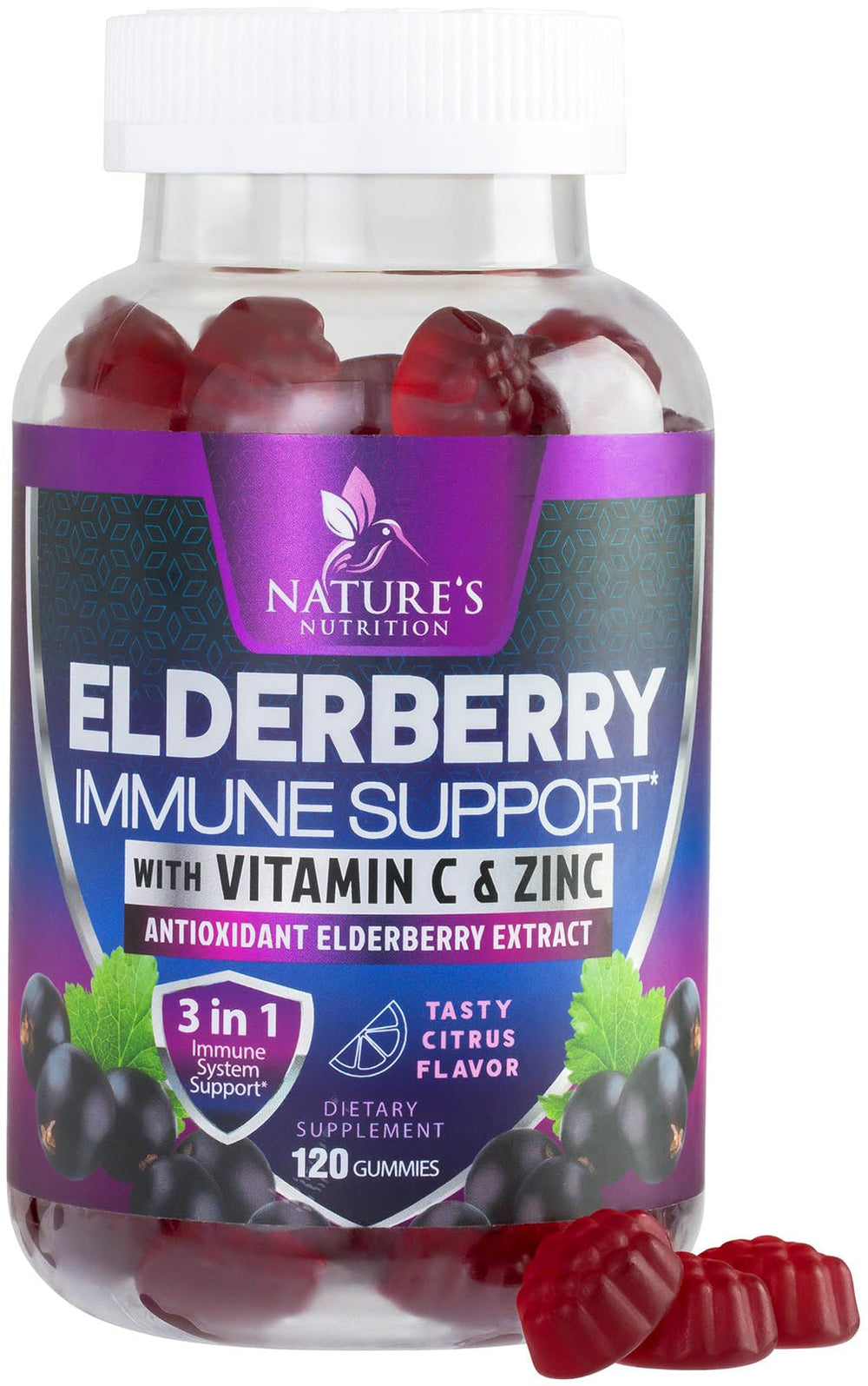 Front hero image of Immune Support Gummies bottle showing elderberry-zinc-vitamin C formula