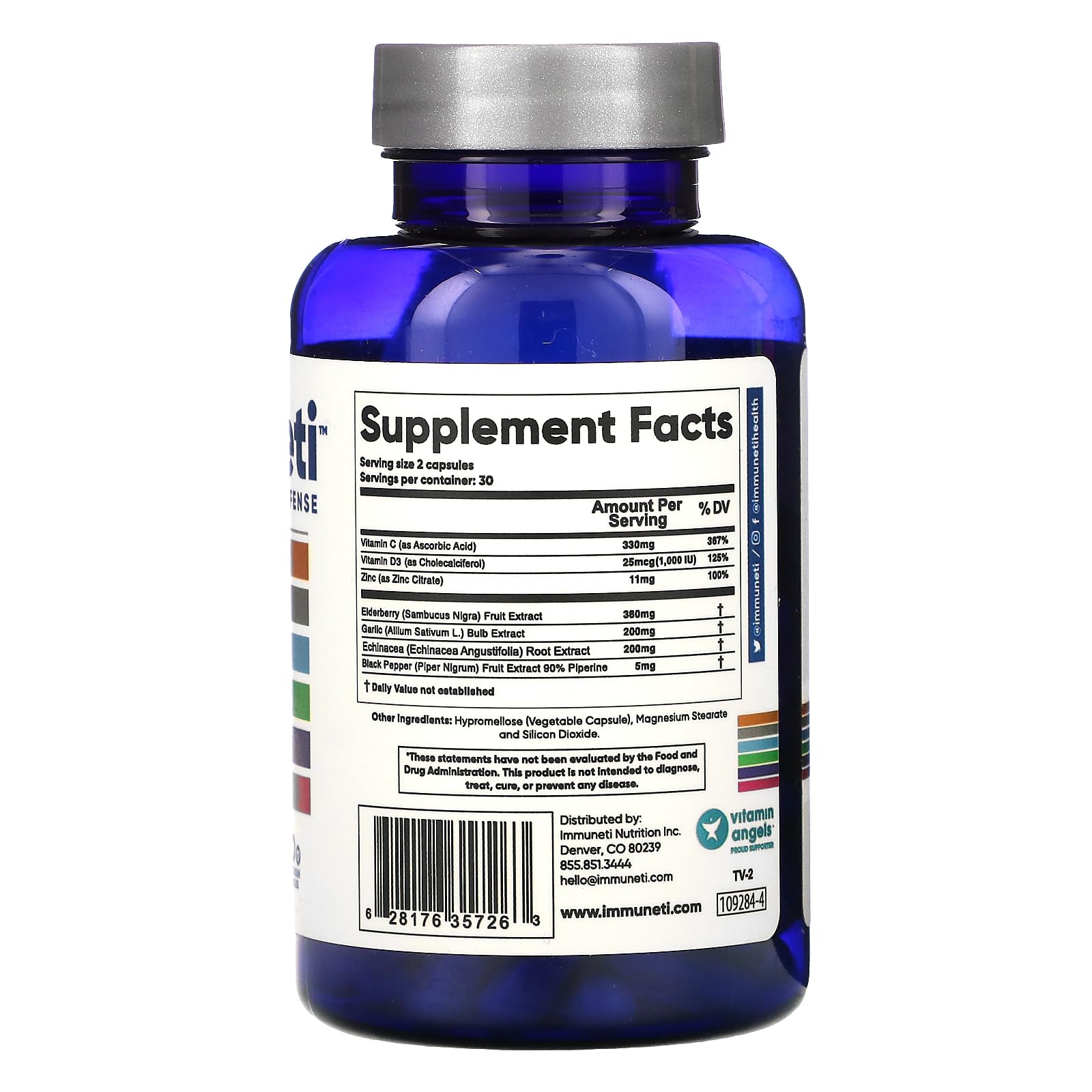 Close-up of Immuneti 5-pack ingredients including Vitamin C, Zinc, Elderberry, Garlic, Echinacea, Vitamin D3