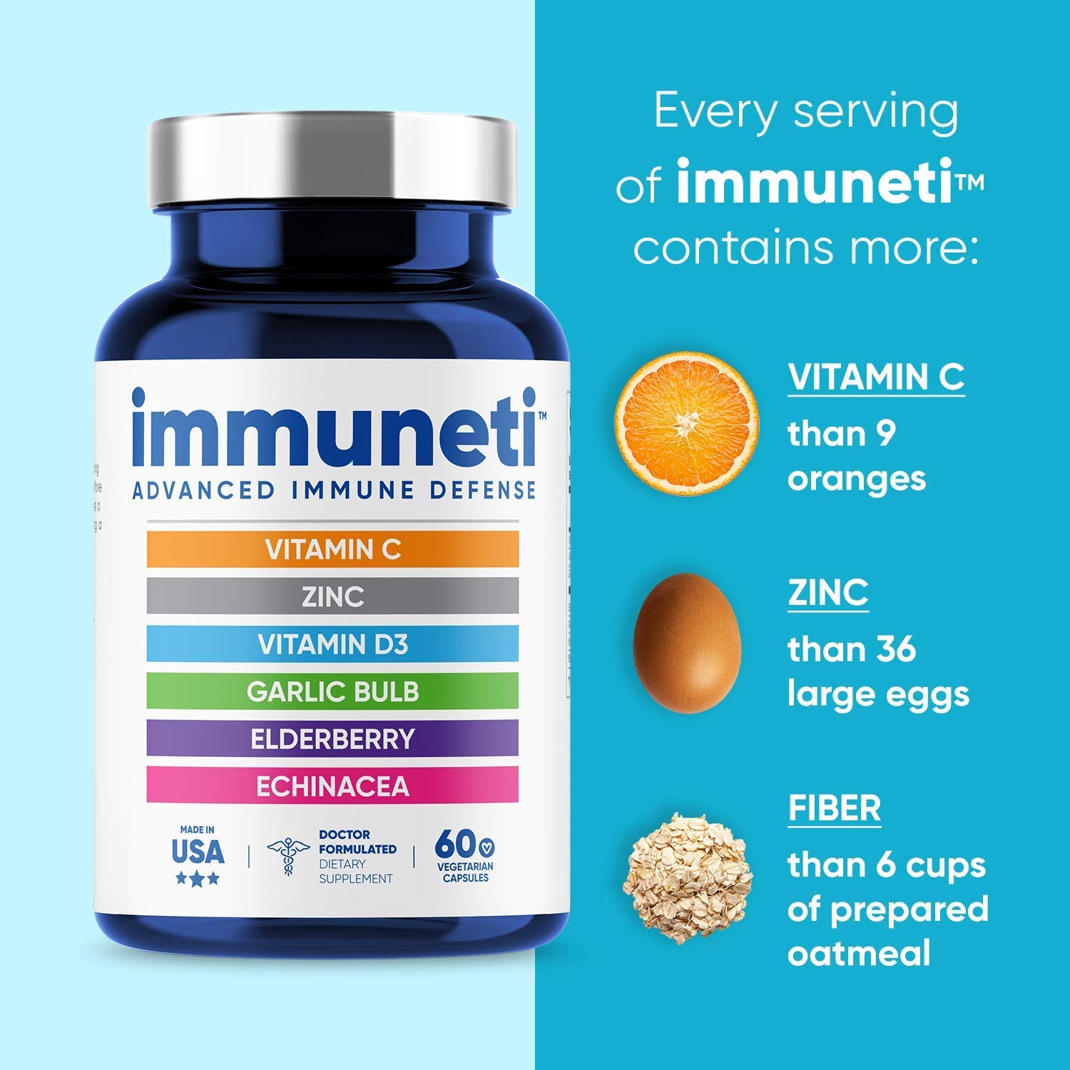 Immuneti bottle with label highlighting immune support and antioxidants