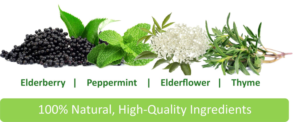 Elderflower, peppermint and thyme ingredients in Immunia syrup