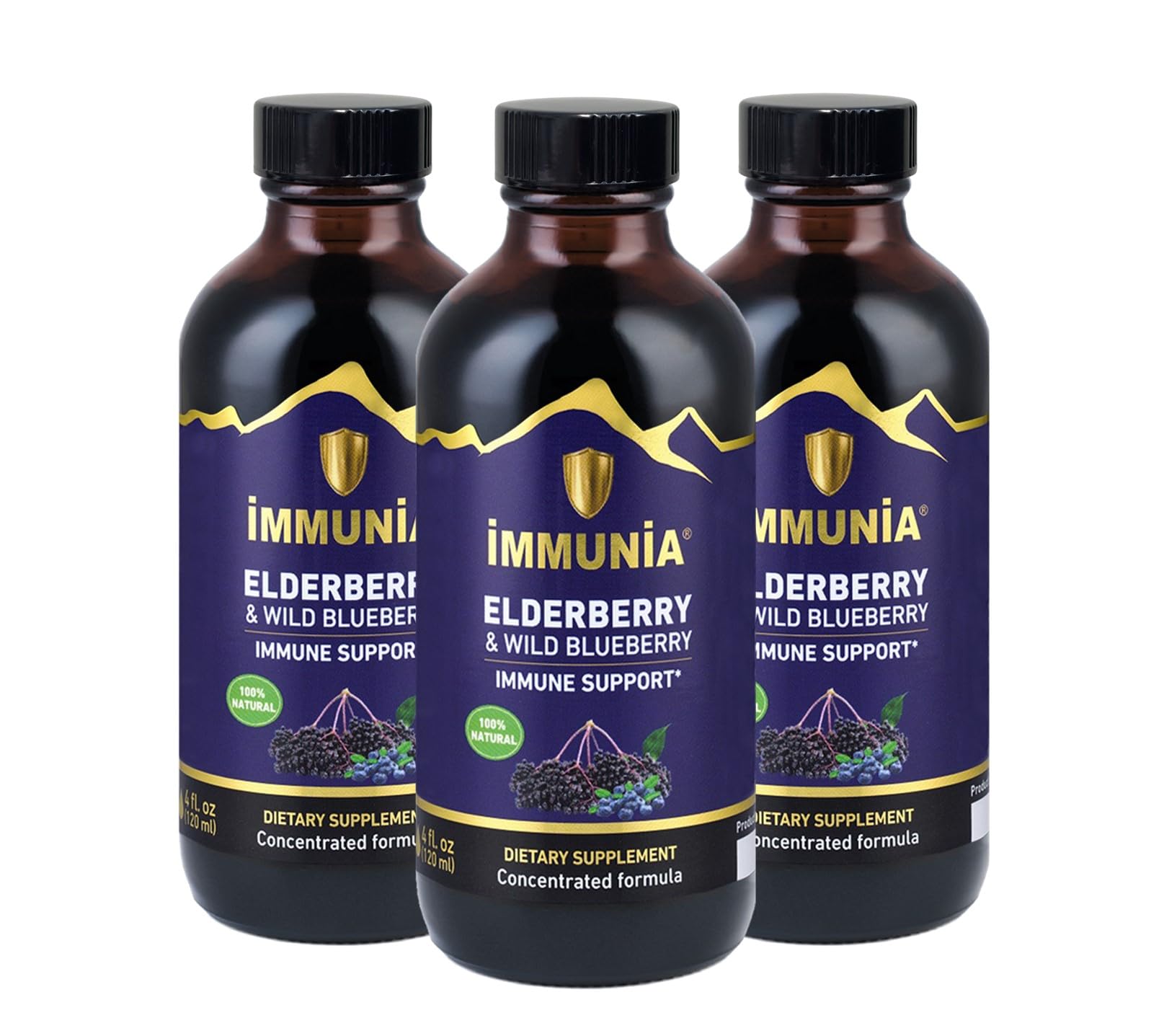 Bottle of Immunia Elderberry & Wild Blueberry Concentrate 120 ml in a 3-pack