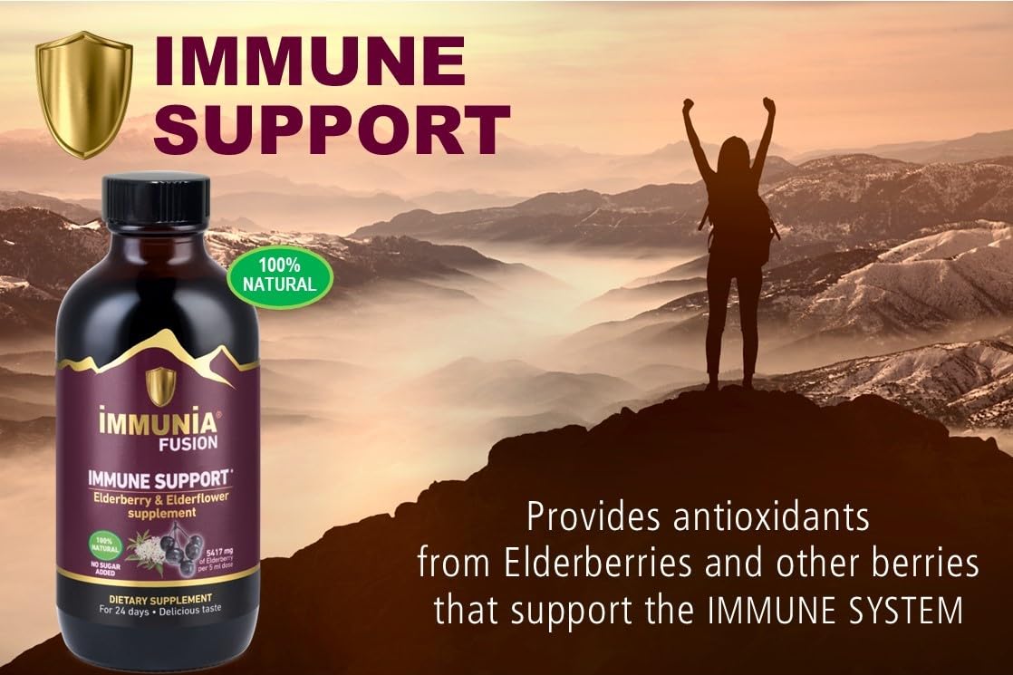 No sugar, no alcohol and gluten-free icons on Immunia Fusion packaging