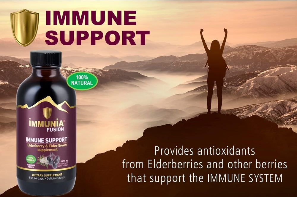 No sugar, no alcohol and gluten-free icons on Immunia Fusion packaging
