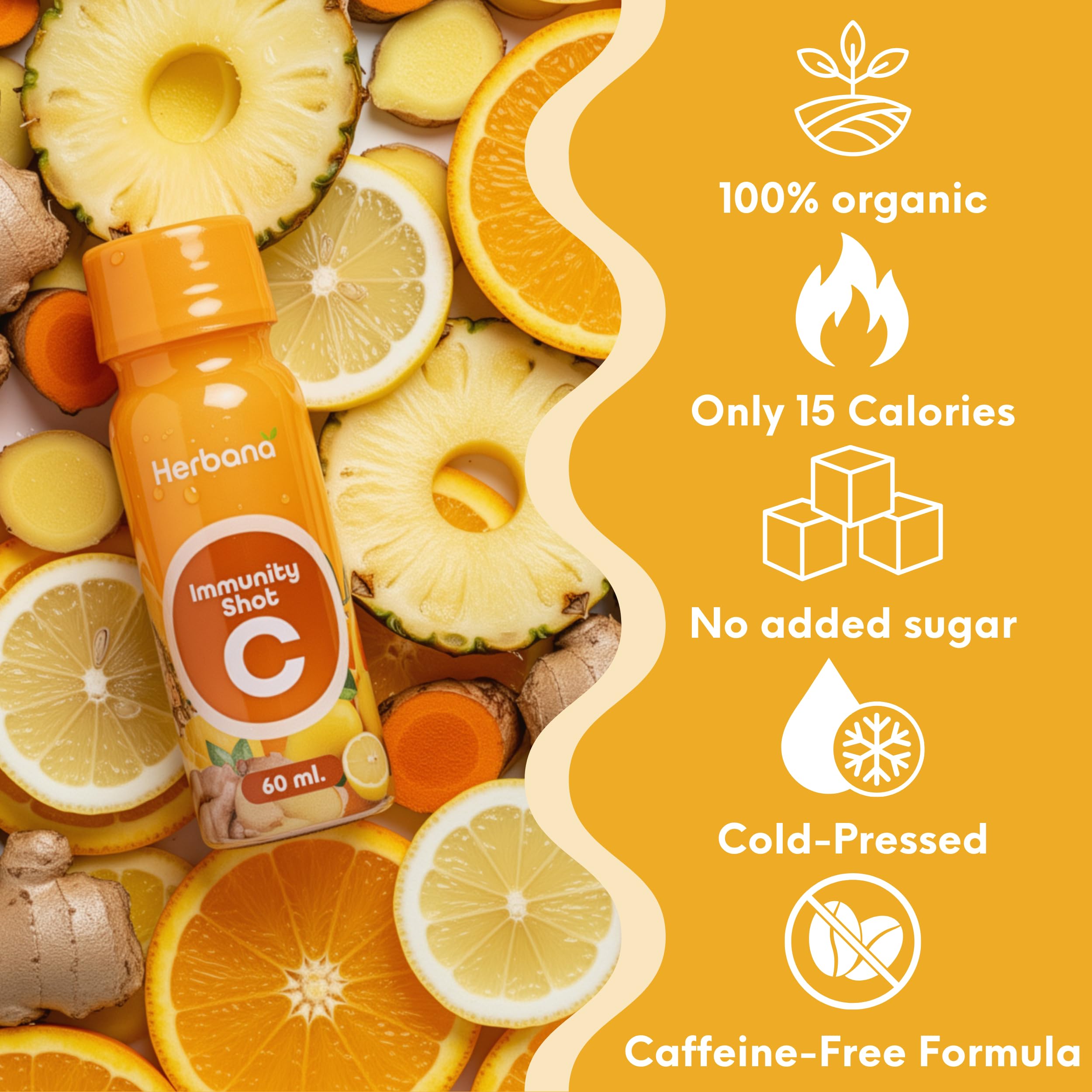 Close-up of ingredients: ginger, turmeric, orange, pineapple, lemon