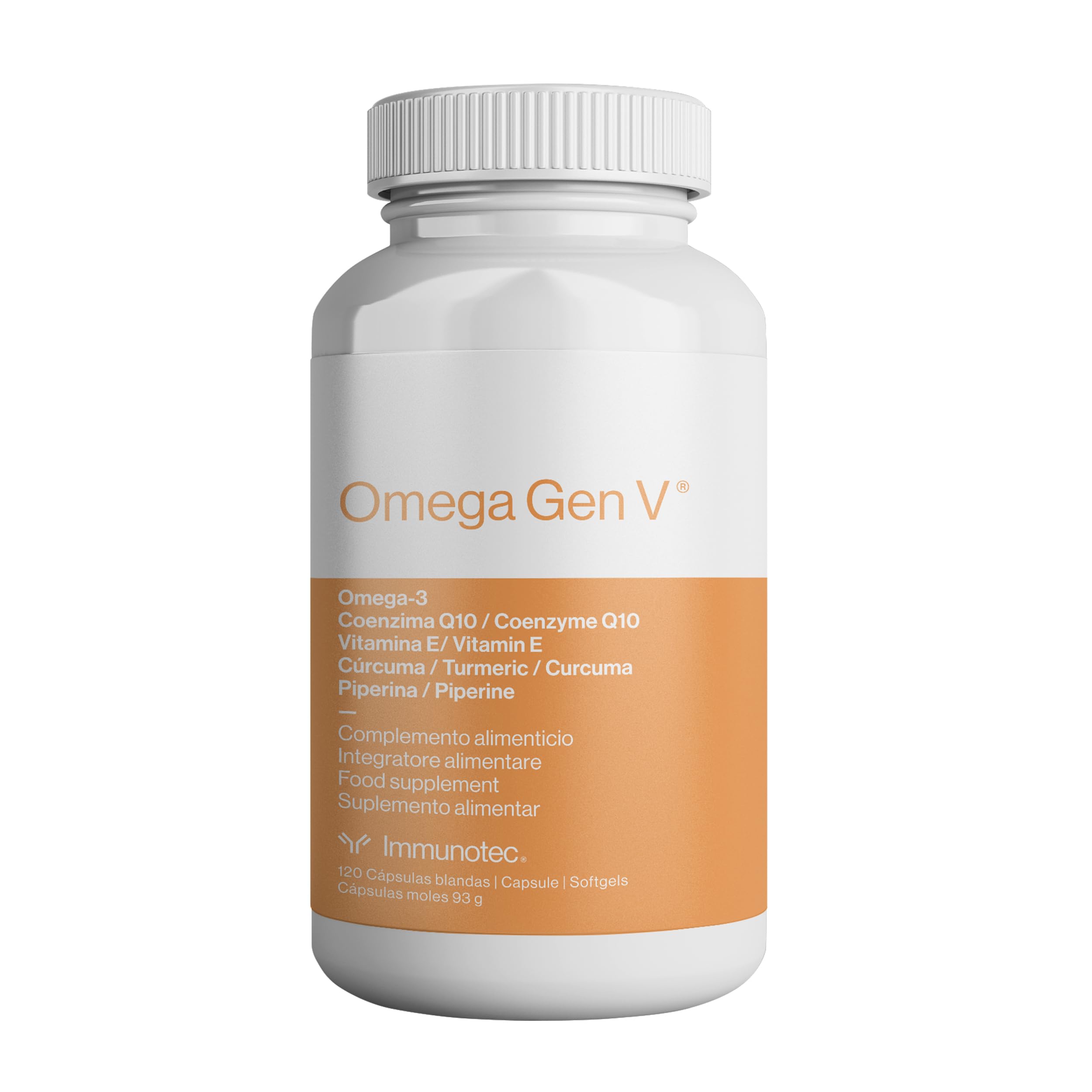 Immunotec Omega Gen V bottle highlights fast-absorbing omega-3 for heart and brain support.