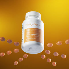 Immunotec Omega Gen V bottle shows CoQ10 and turmeric for cellular energy and anti-inflammatory support.