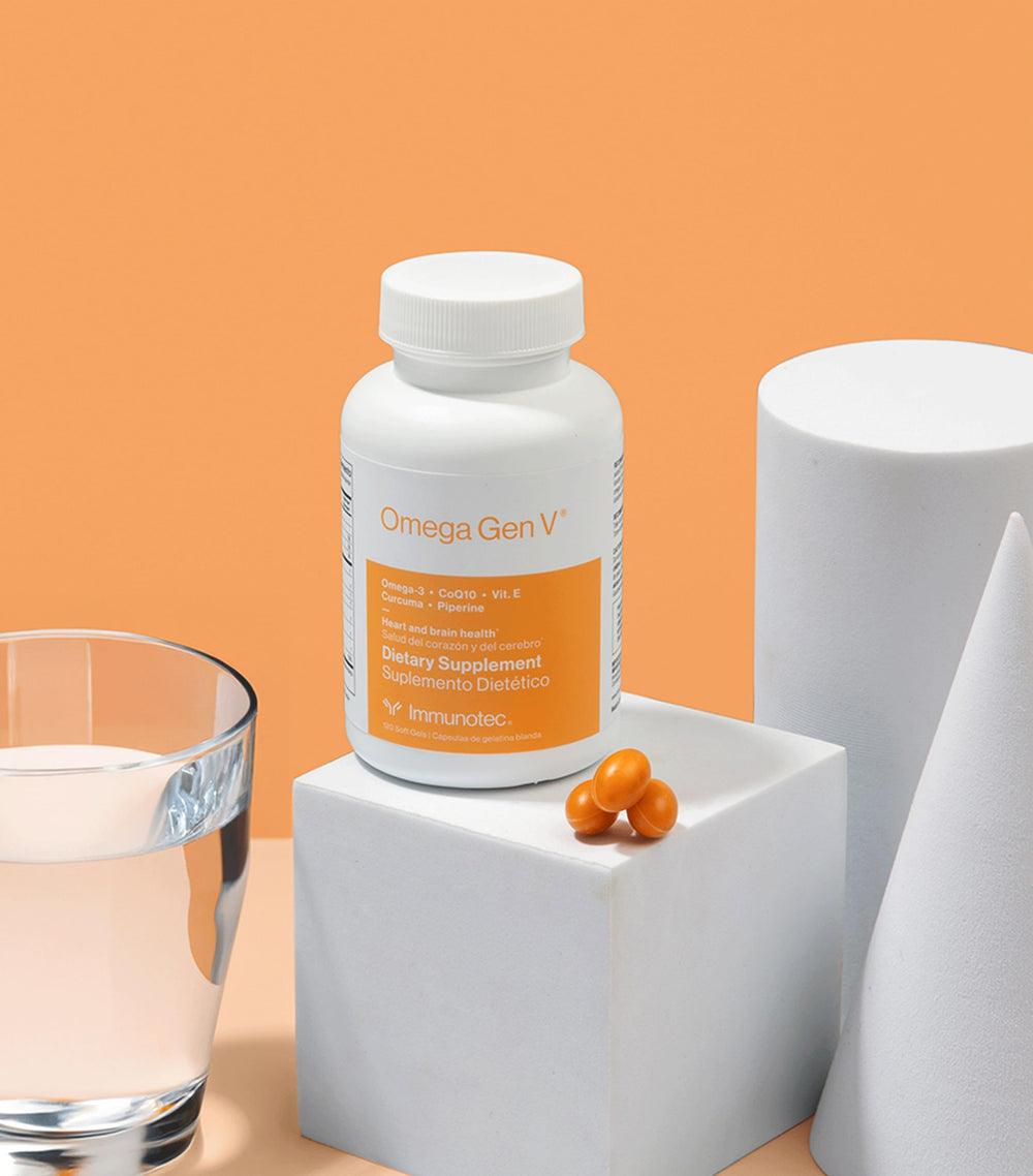 Immunotec Omega Gen V daily-use visuals suggest a 120-soft-gels routine for heart, brain, eye, and immunity.