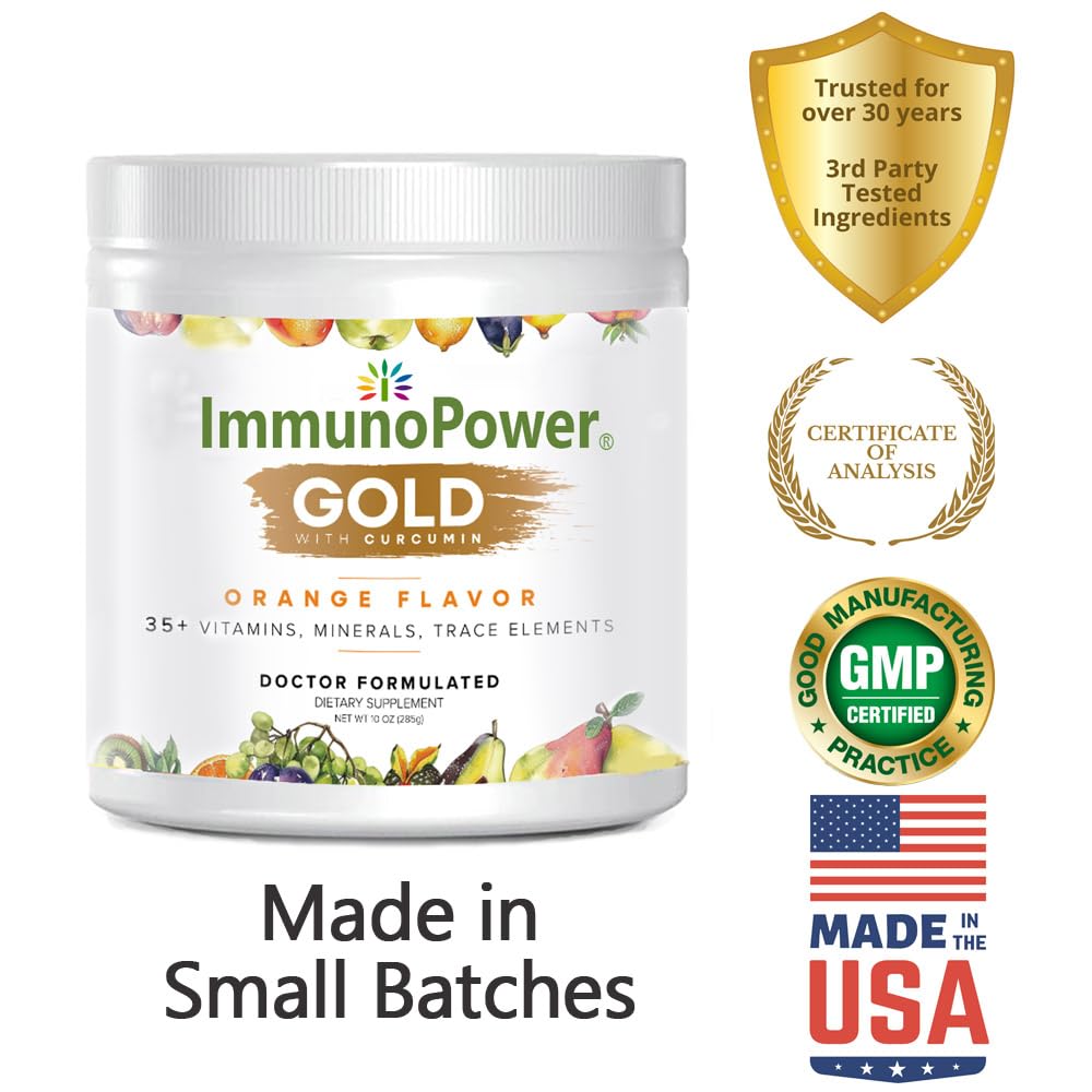 Orange-flavor ImmunoPower Gold powder in glass with liquid
