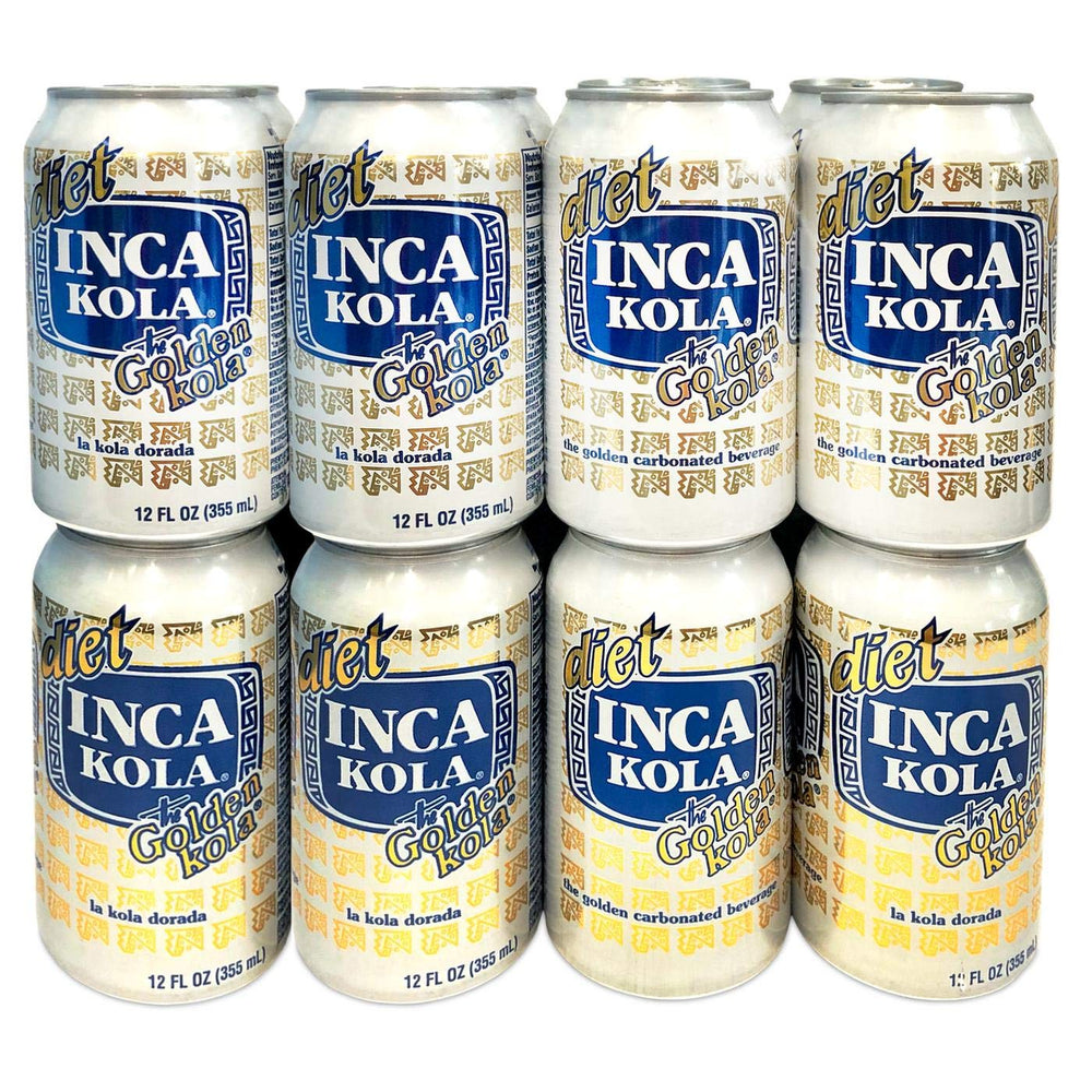 Inca Kola Diet Soda can, 12oz, low-sodium, refreshing Peruvian beverage.