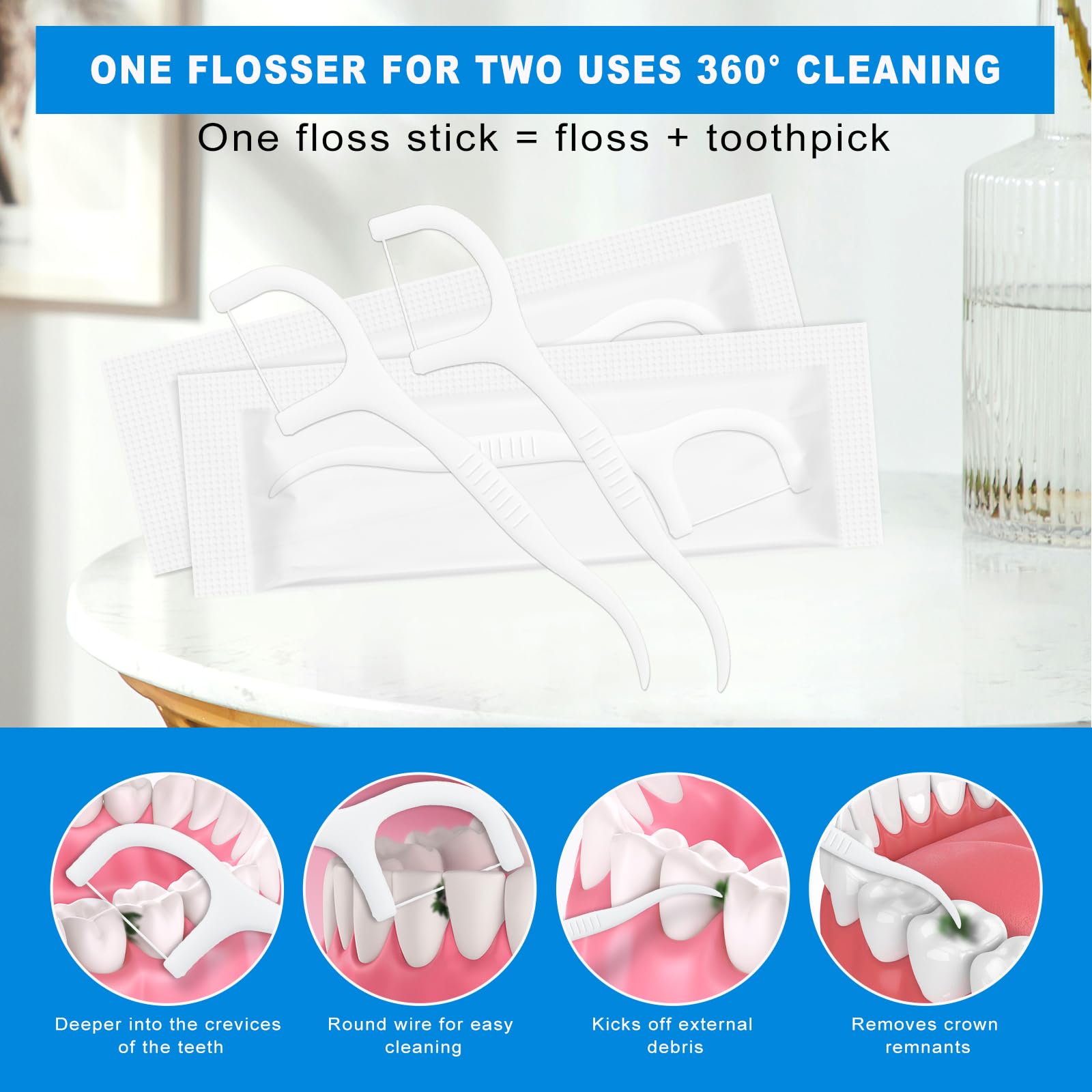 Individually wrapped flossers suitable for purse or pocket