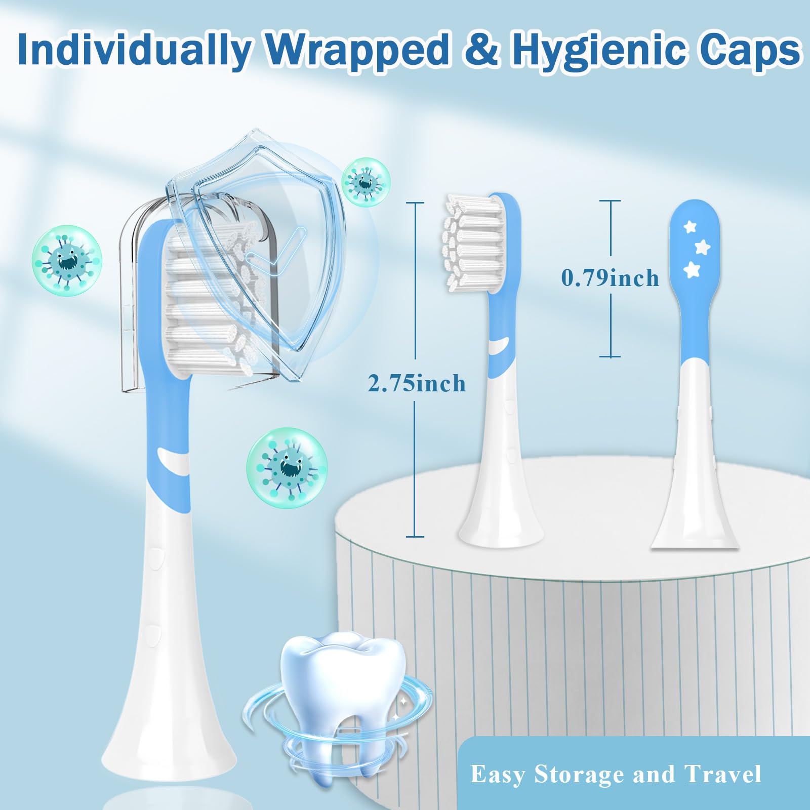 Individually wrapped replacement heads with travel caps