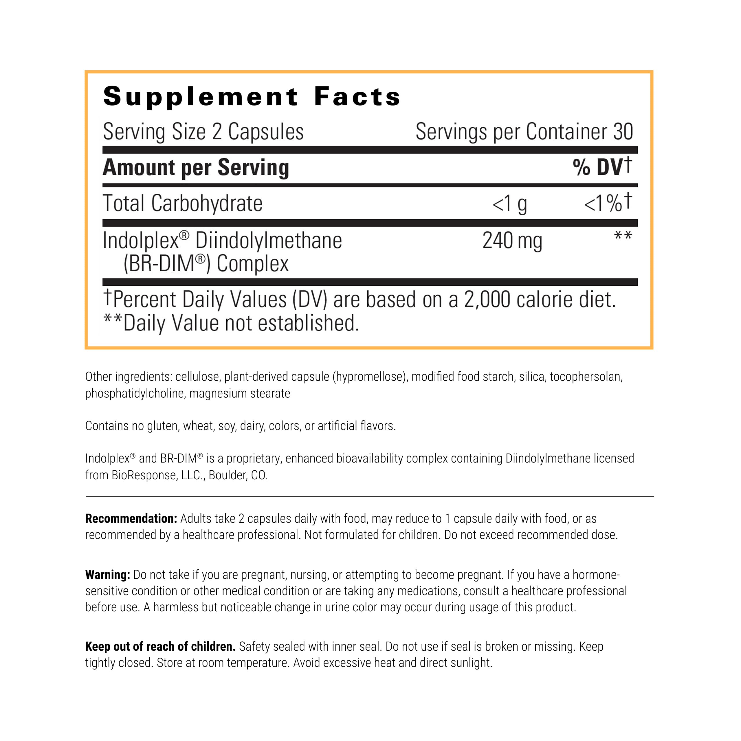 Back label of Indolplex bottle detailing ingredients and dosage