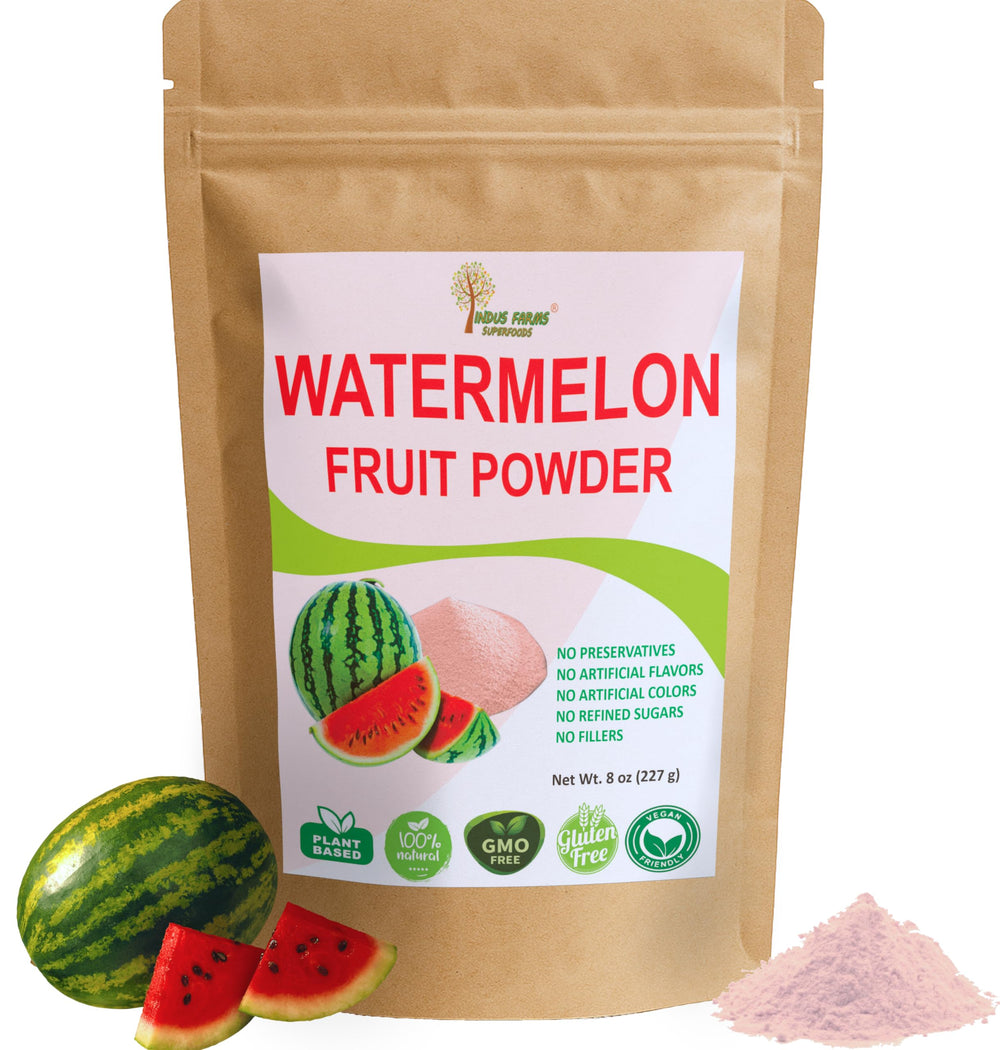 Indus Farms Watermelon Powder bottle showcases natural hydration and electrolyte support.