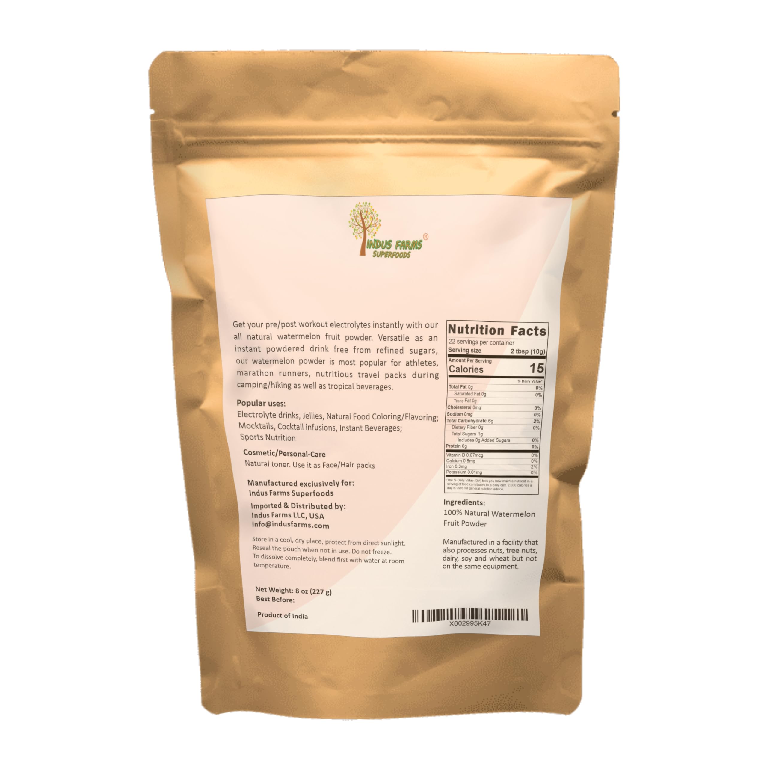 Indus Farms Watermelon Powder pouring action illustrates quick mix and on-the-go hydration.