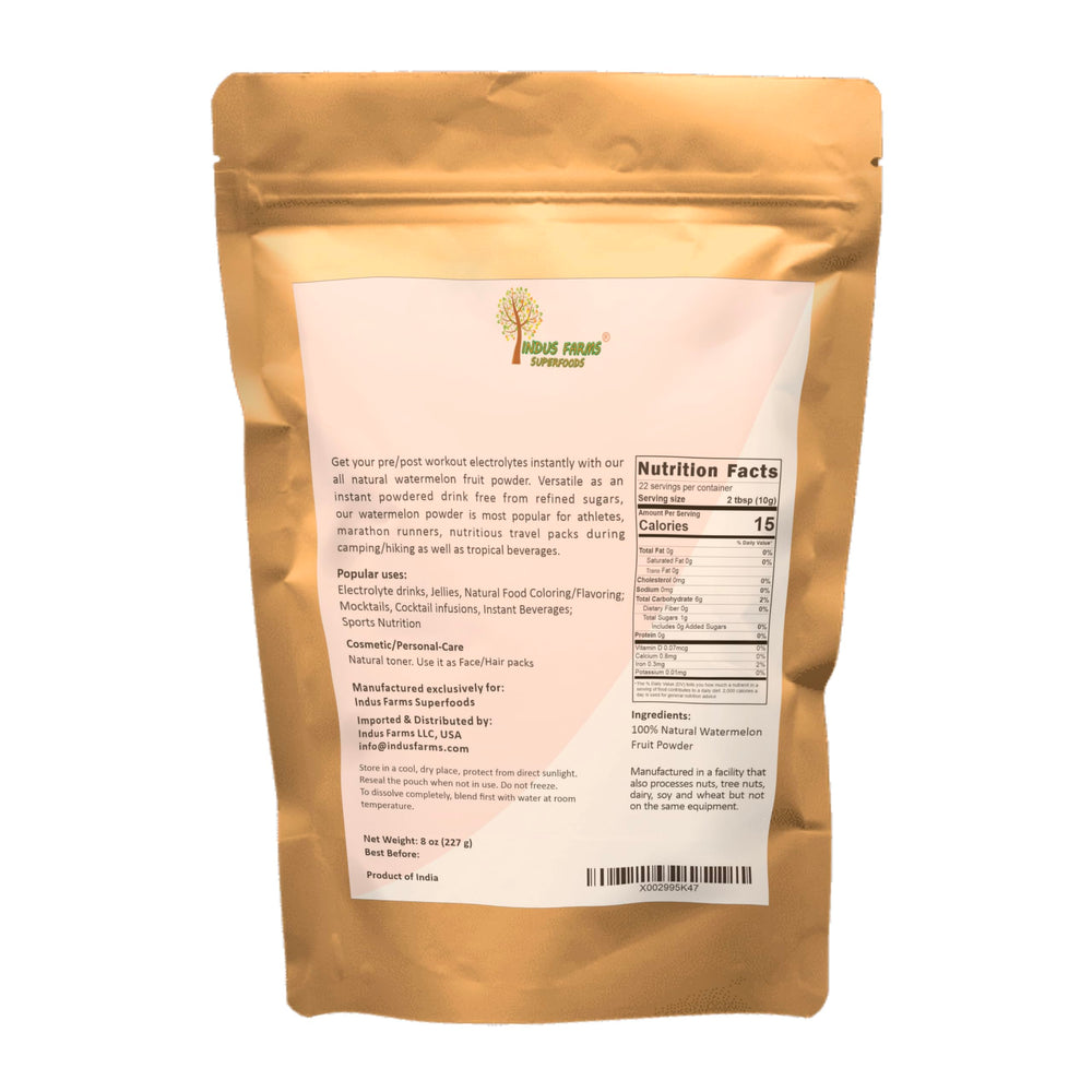 Indus Farms Watermelon Powder pouring action illustrates quick mix and on-the-go hydration.