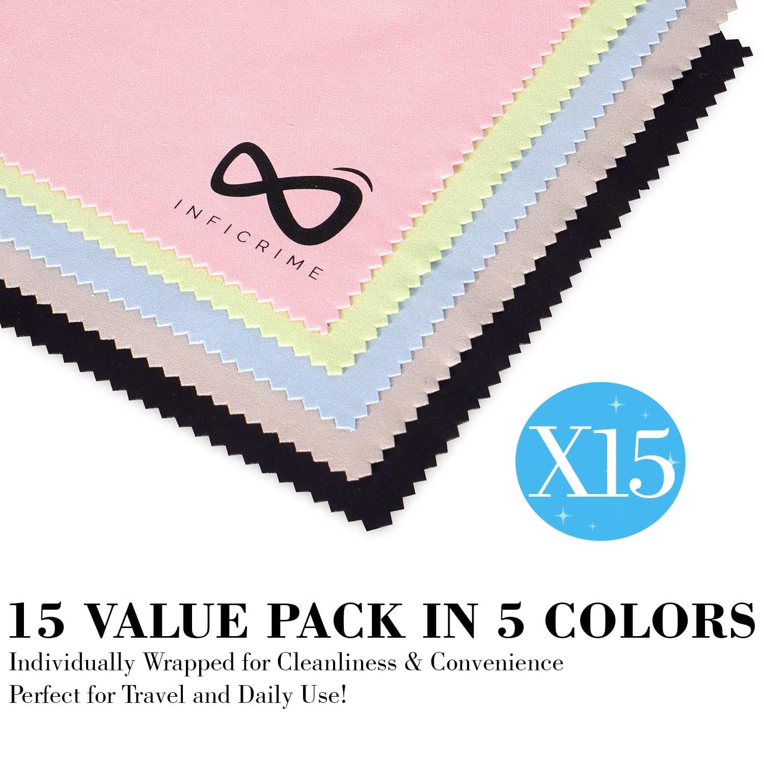 Color-coded INFICRIME 15-pack microfiber cloths for organized cleaning