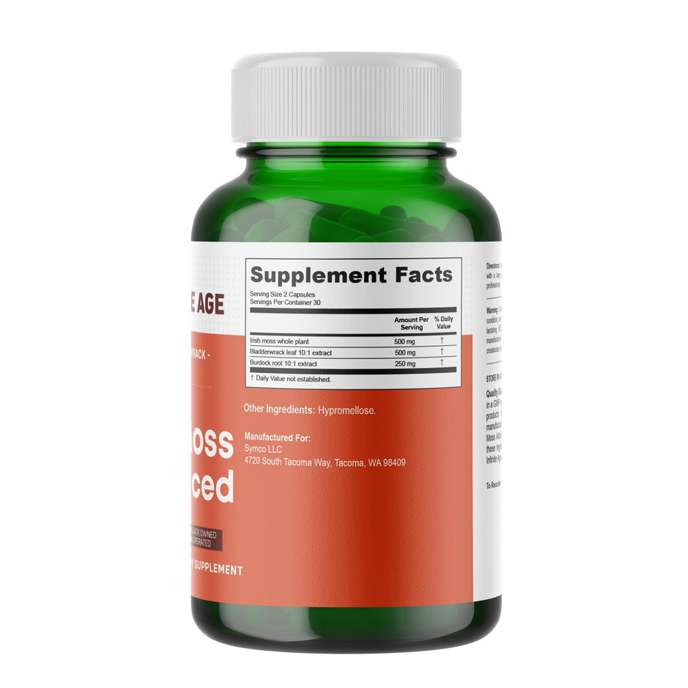 Close-up of 60-count packaging on INFINITE AGE Sea Moss capsules