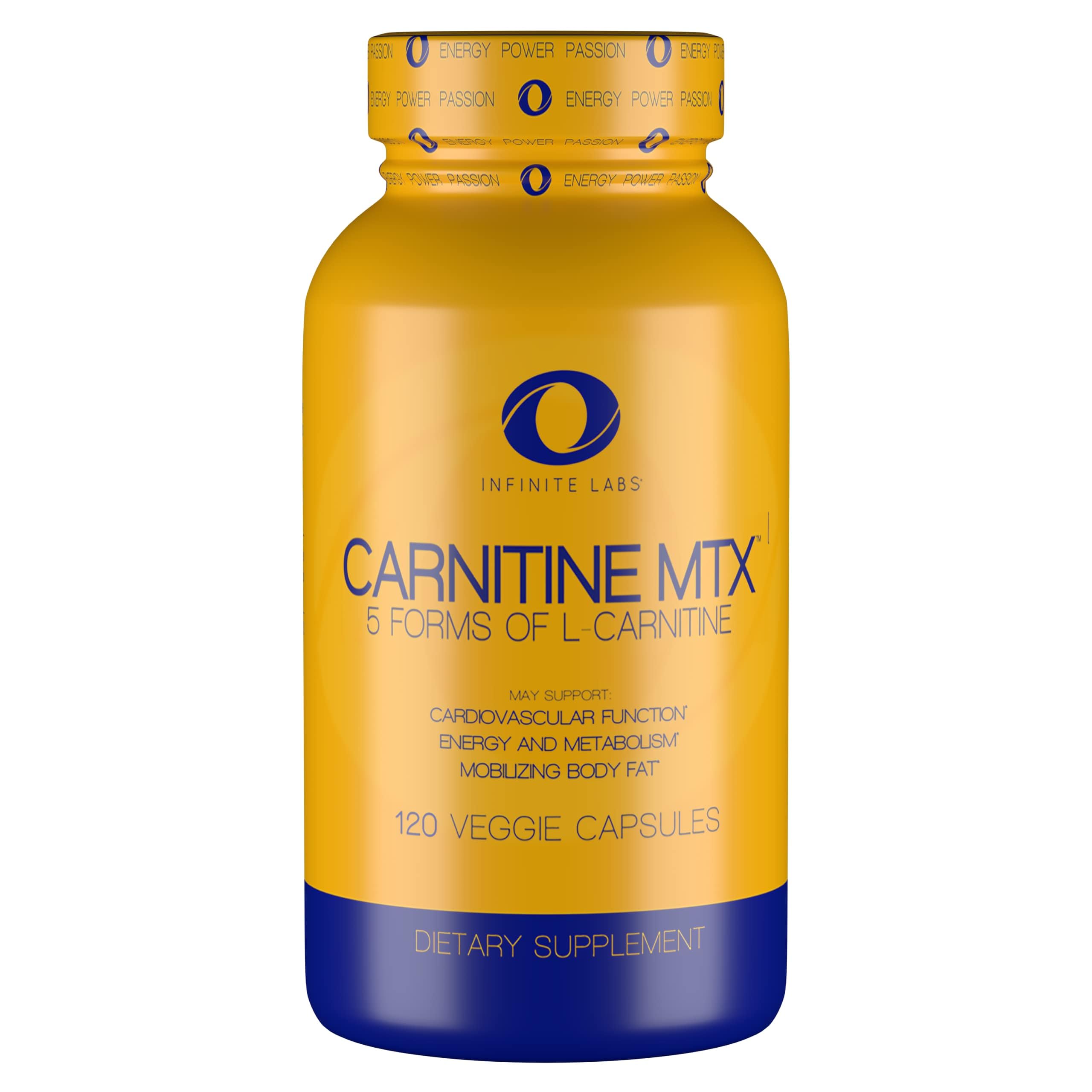 Infinite Labs L Carnitine 1000mg bottle front highlights energy support for workouts