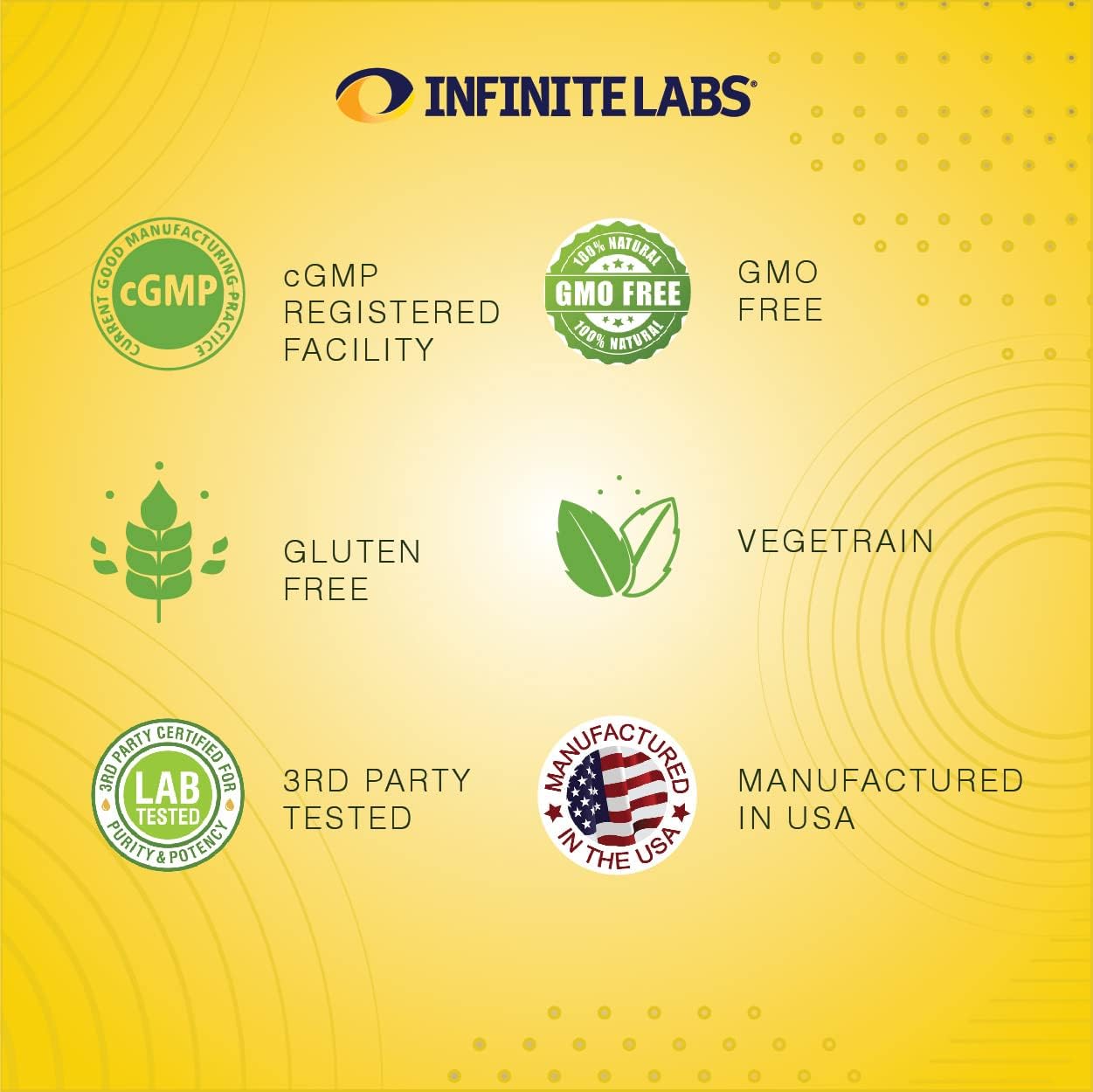 Non-GMO and gluten-free claim on Infinite Labs packaging