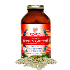 Infinity Greens capsules packaging in amber jar