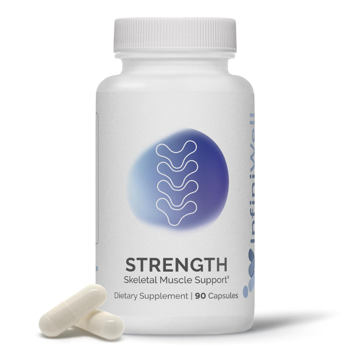 InfiniWell Strength bottle front designed for muscle support and easy dosing.