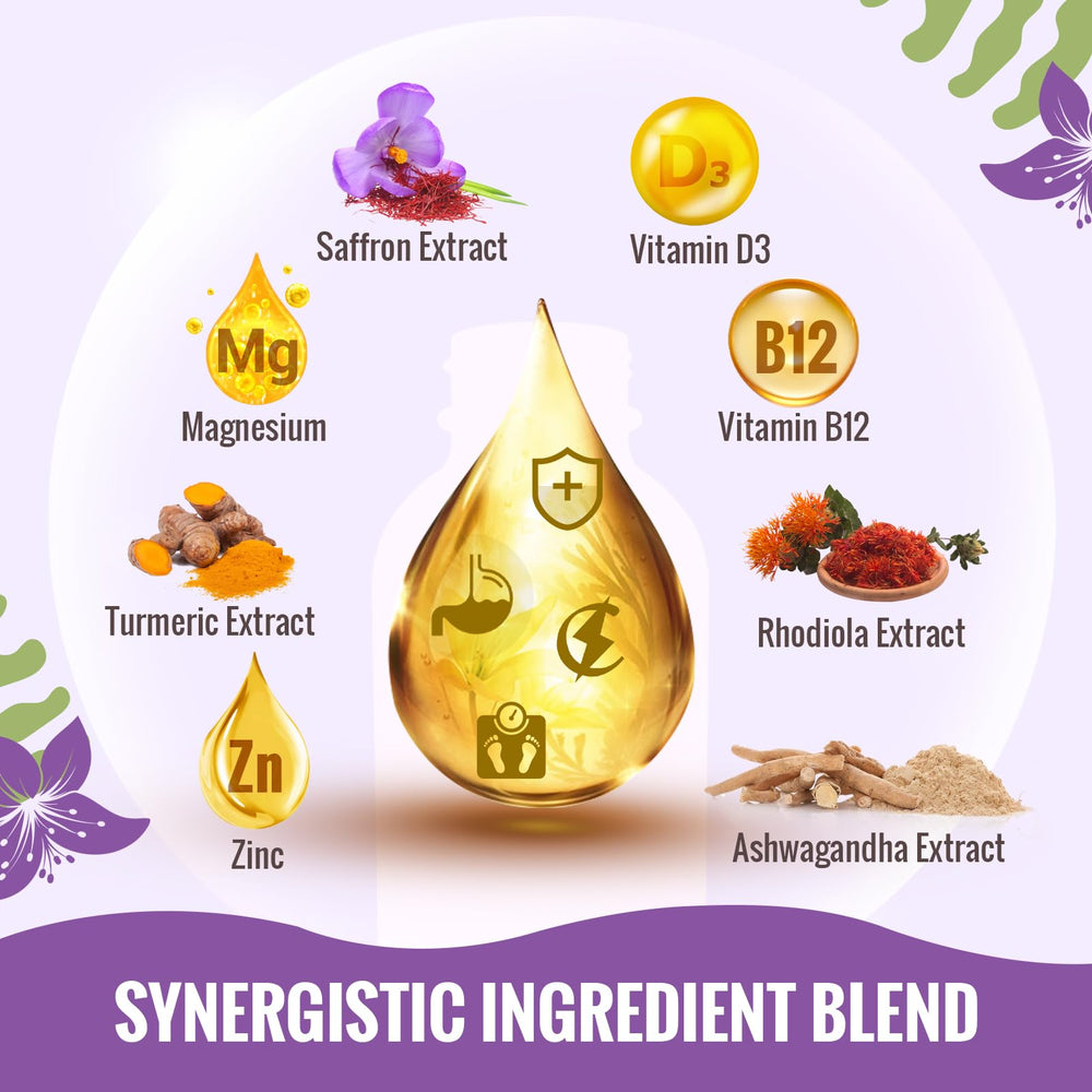 Synergistic blend: Ashwagandha, Turmeric, Magnesium, Zinc, vitamins