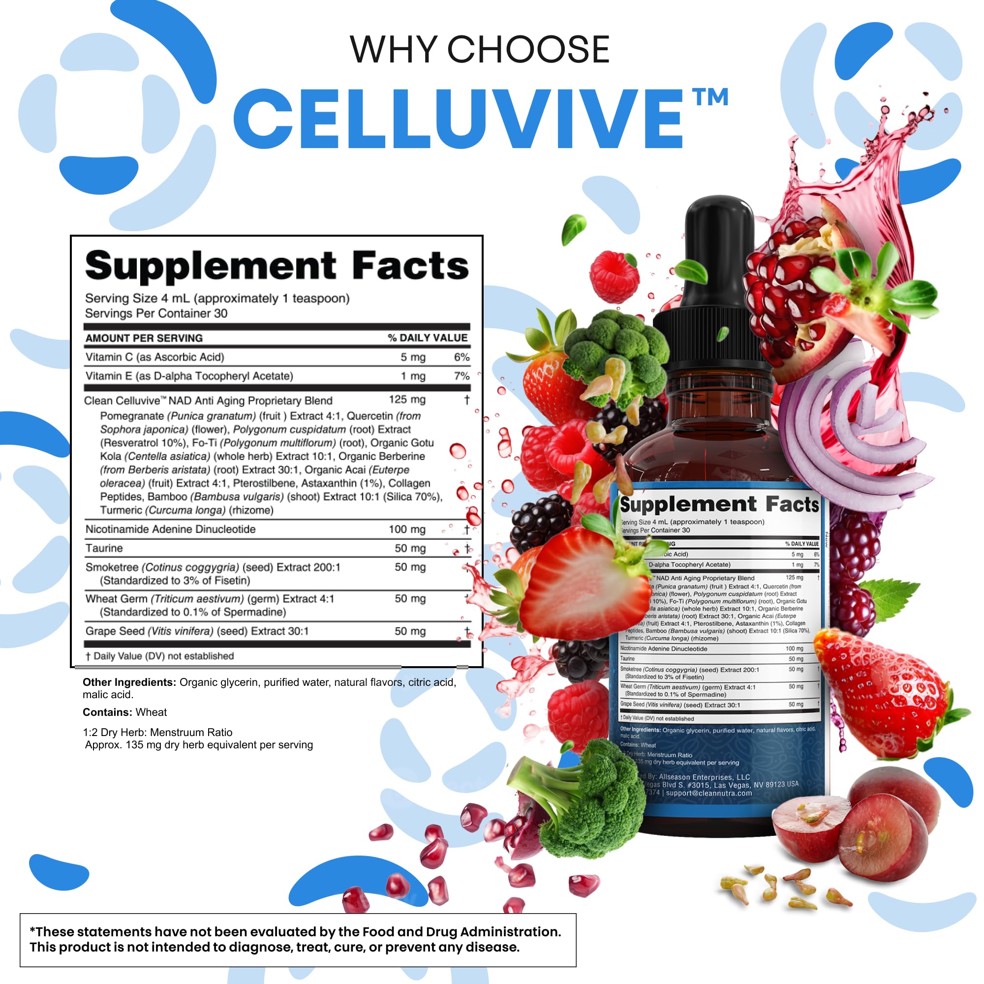 Graphic of ingredients including resveratrol, taurine and fisetin