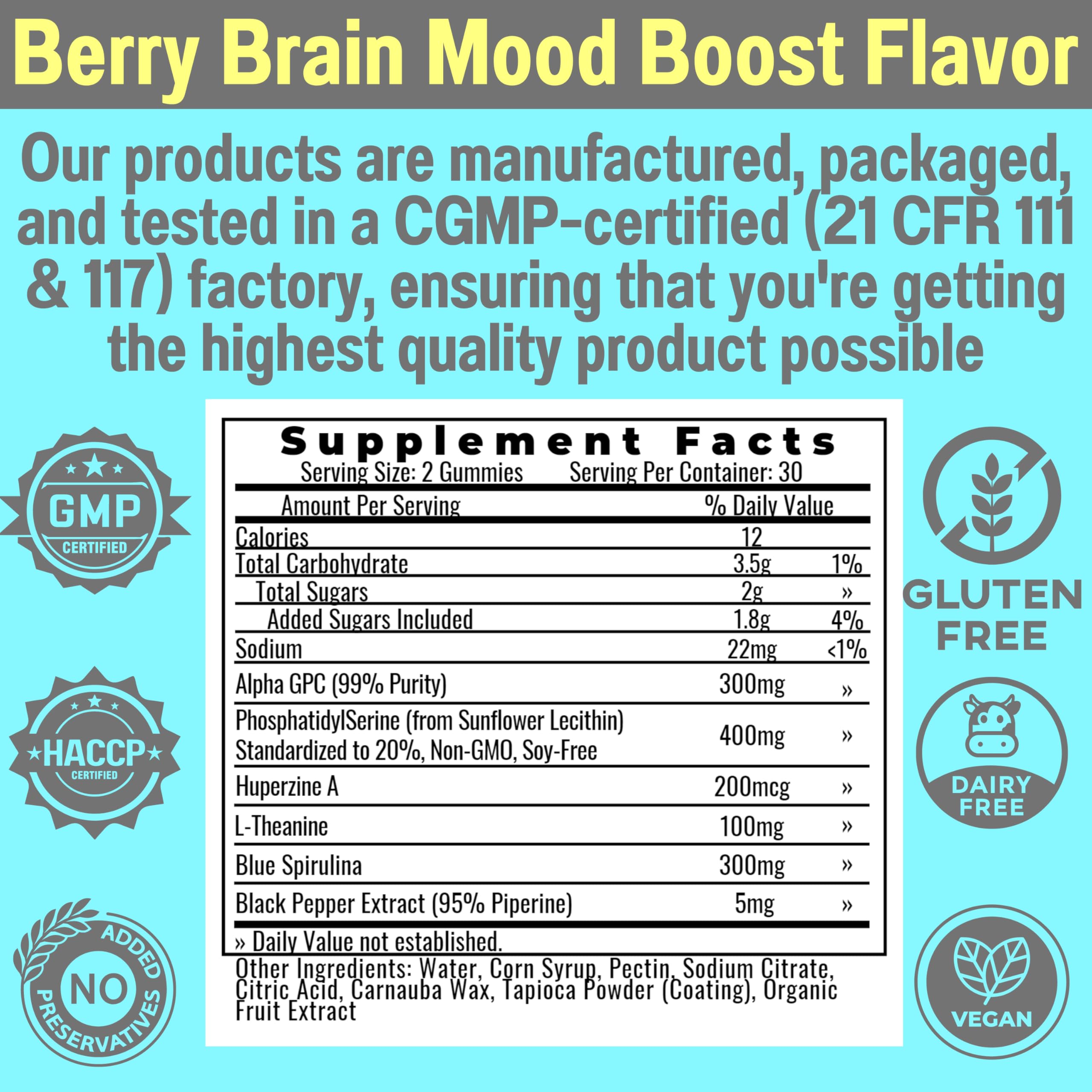 Ingredient highlights: Phosphatidylserine, Alpha GPC, Huperzine A, L-Theanine, Blue Spirulina, Black Pepper