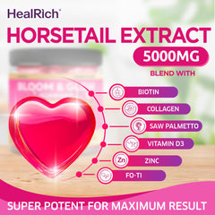 Close-up of ingredients: Horsetail Biotin Collagen Saw Palmetto D3 Zinc Fo-Ti
