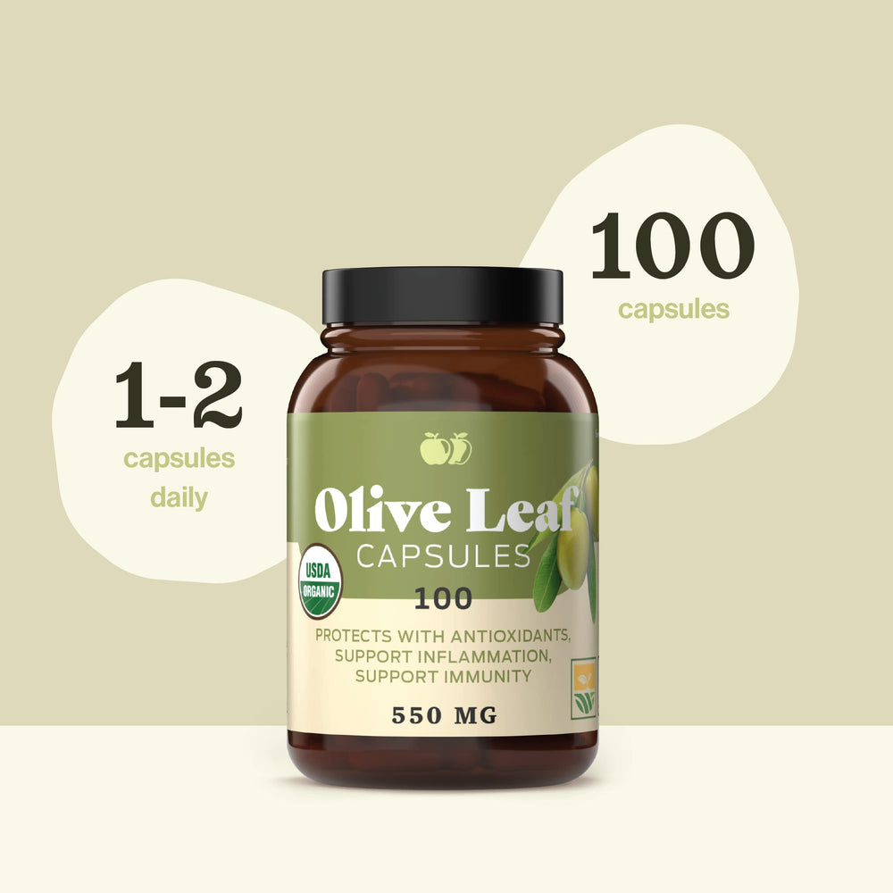 Ingredient list and purity icons on the olive leaf capsule label