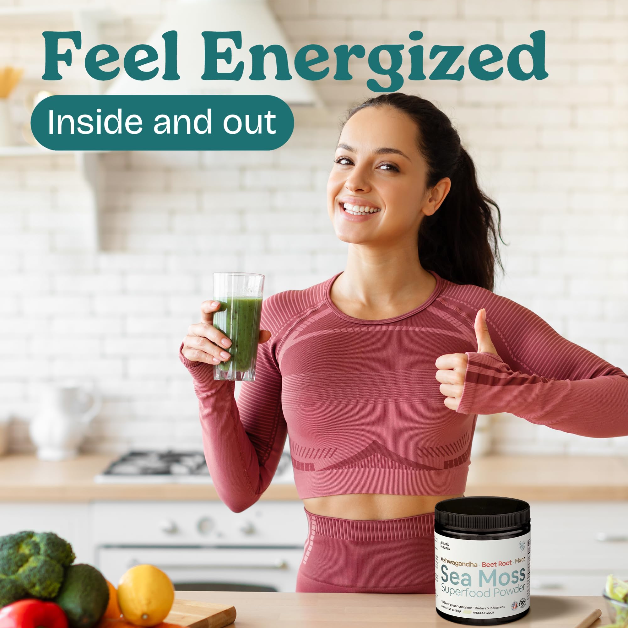 Ingredients list featuring sea moss powder, ashwagandha, beet root, maca and vanilla