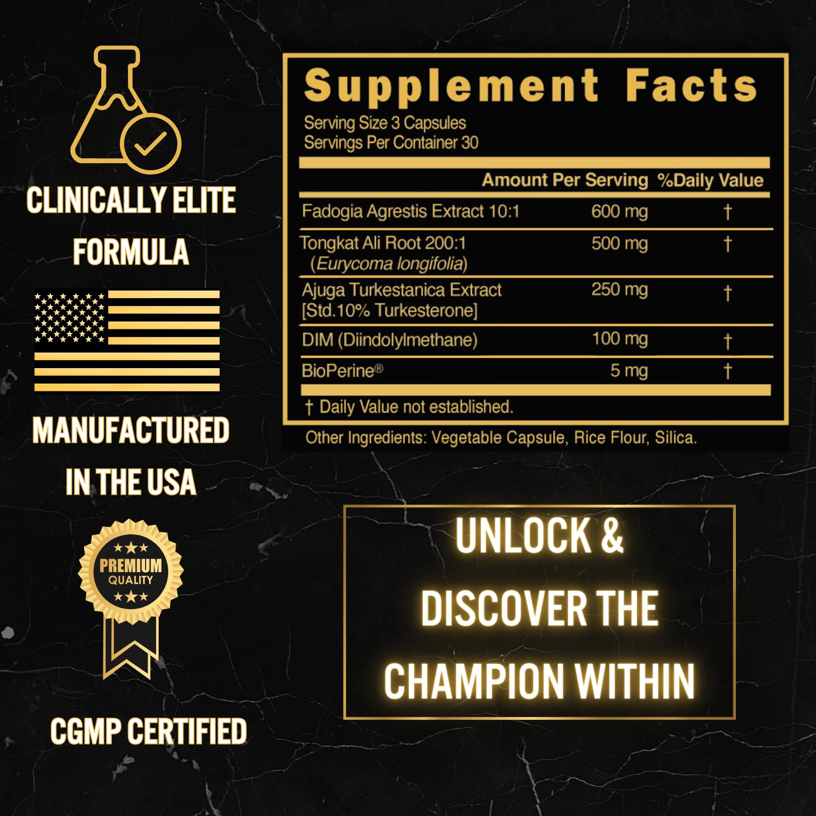 Ingredient list and nutrition facts for the supplement