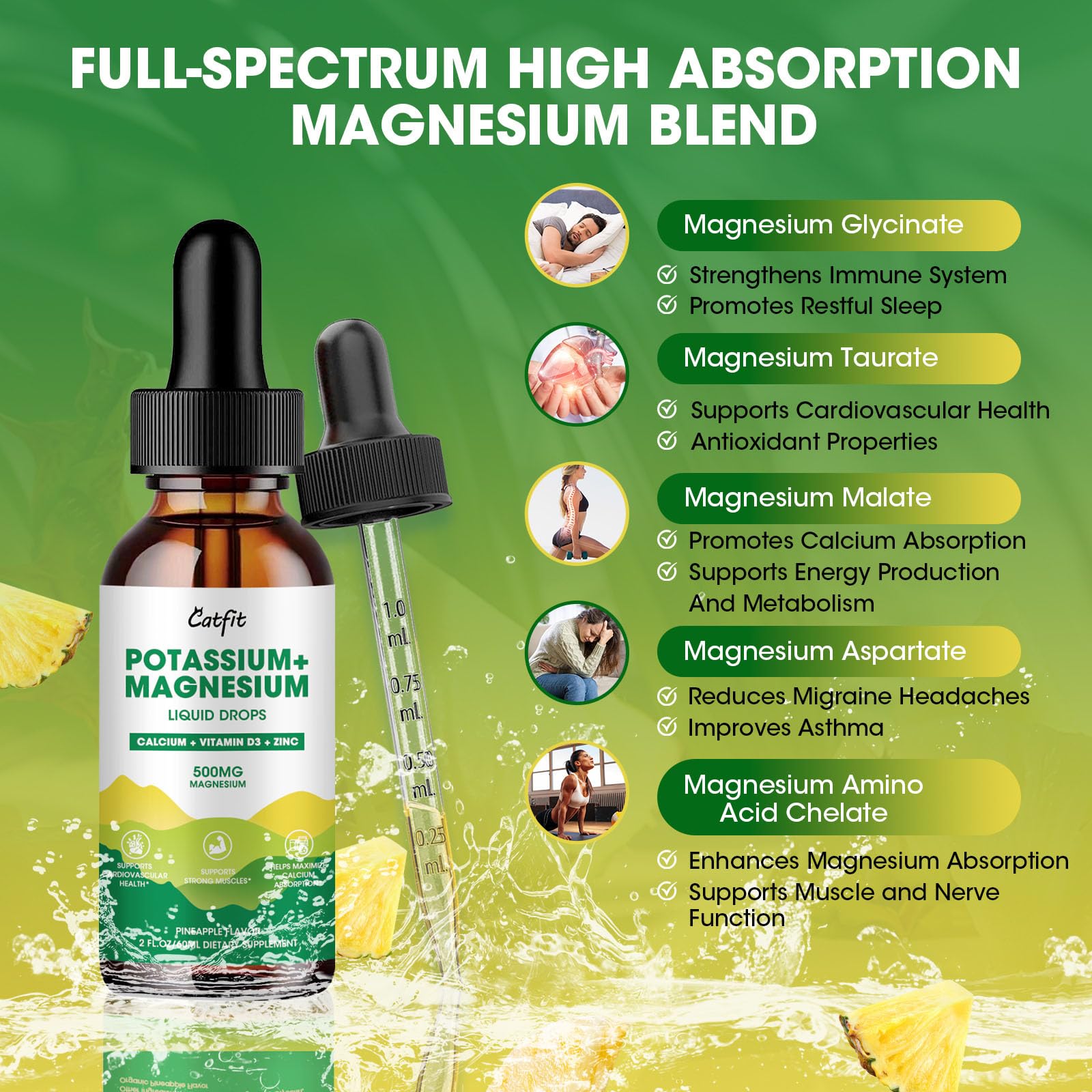 Graphic listing ingredients: potassium, calcium, zinc, magnesium glycinate, vitamin D3