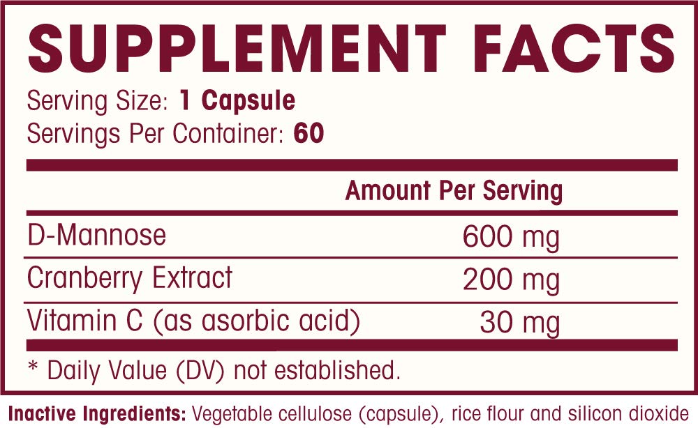 Ingredient list: D-Mannose 600mg, Cranberry Extract 200mg, Vitamin C 30mg