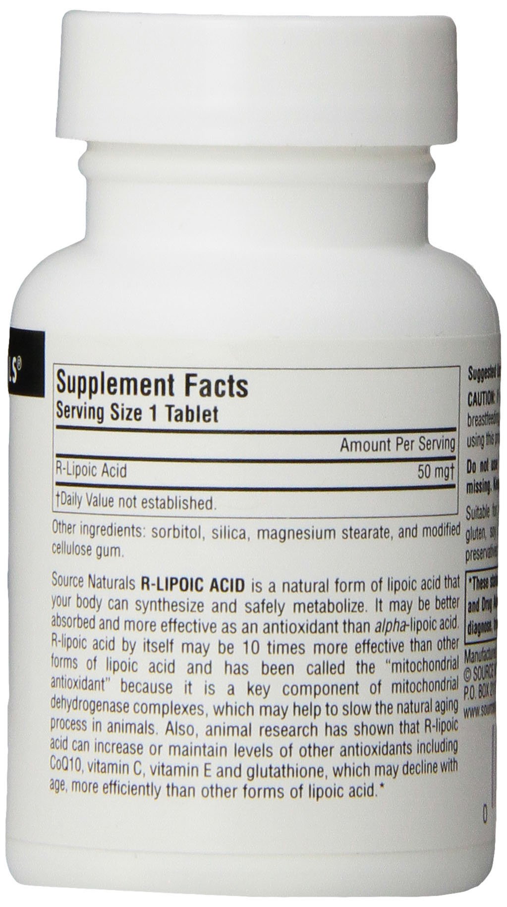 Ingredients and nutrition facts panel for Source Naturals R-Lipoic Acid