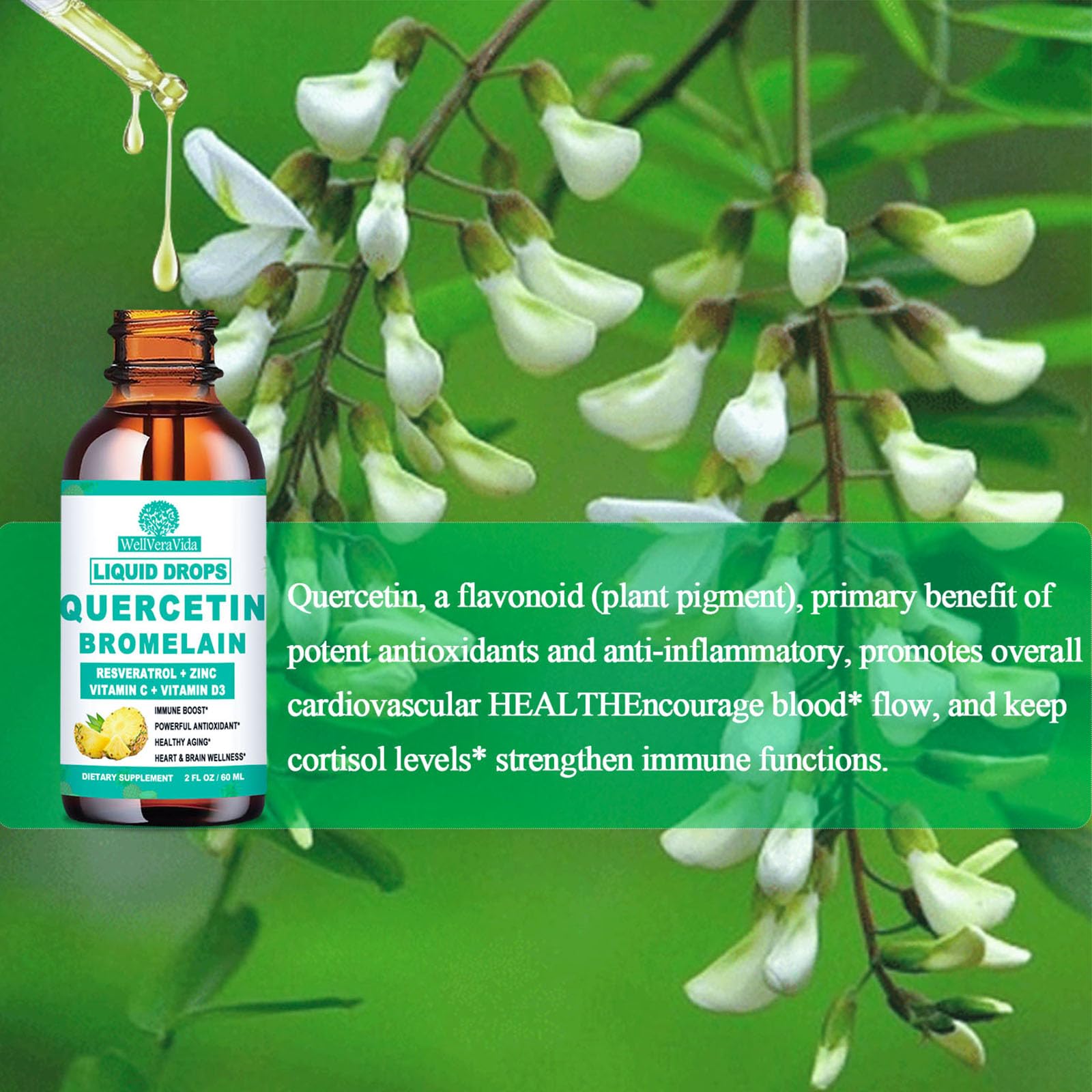 Ingredients and nutrition panel of quercetin liquid drops