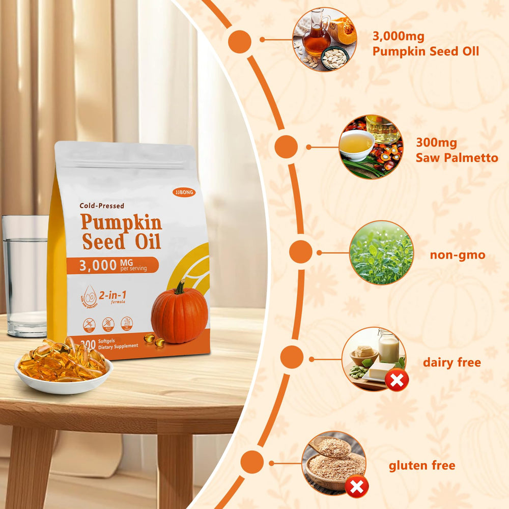 Illustration showing pumpkin seed oil and saw palmetto ingredients labels.