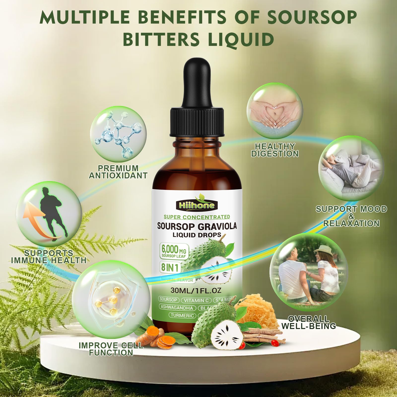 Ingredients collage featuring Sea Moss, Black Seed Oil, Ashwagandha, Turmeric and Vitamin C