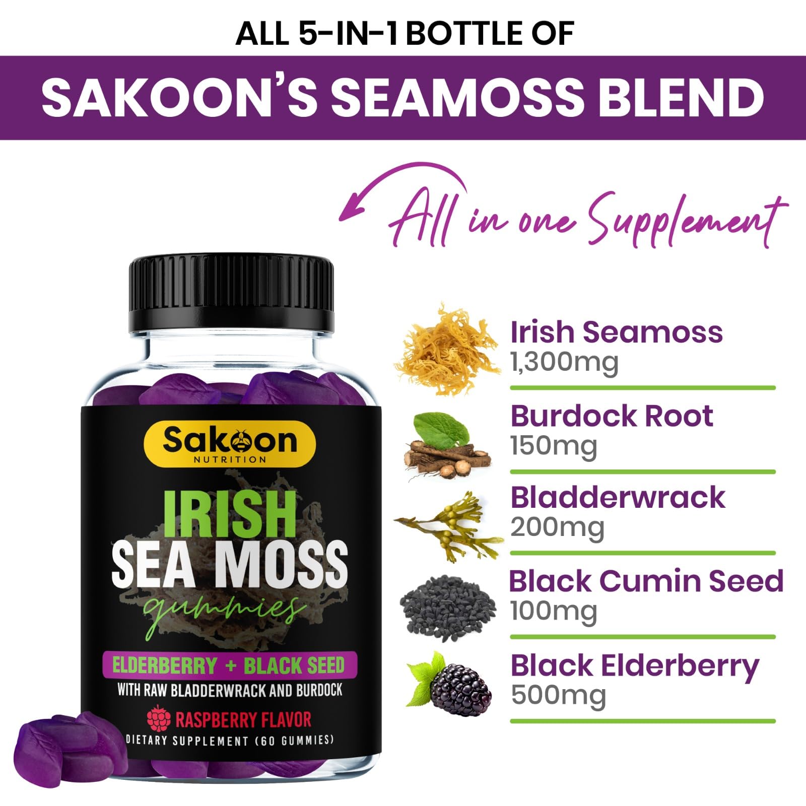 Ingredients including sea moss, bladderwrack and black seed oil