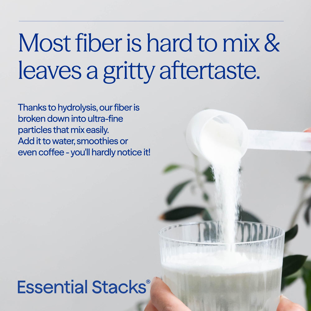 Ingredients panel highlighting PHGG Sunfiber and acacia fiber